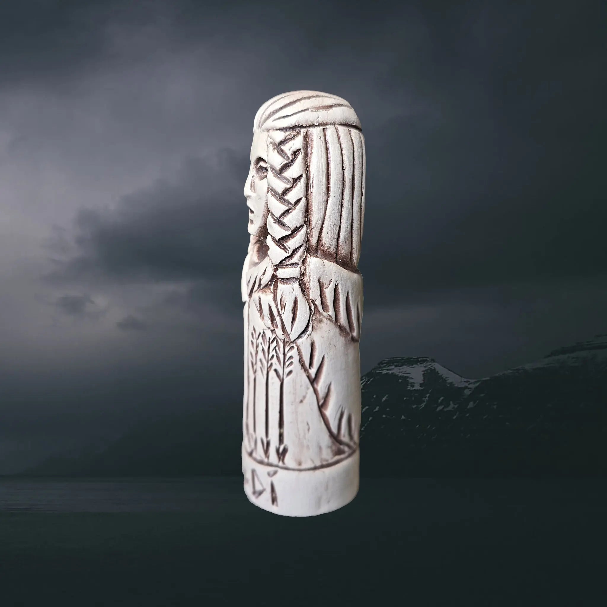 Statuette of the Norse Goddess Skadi in Hand-Crafted Clay - Left Side View