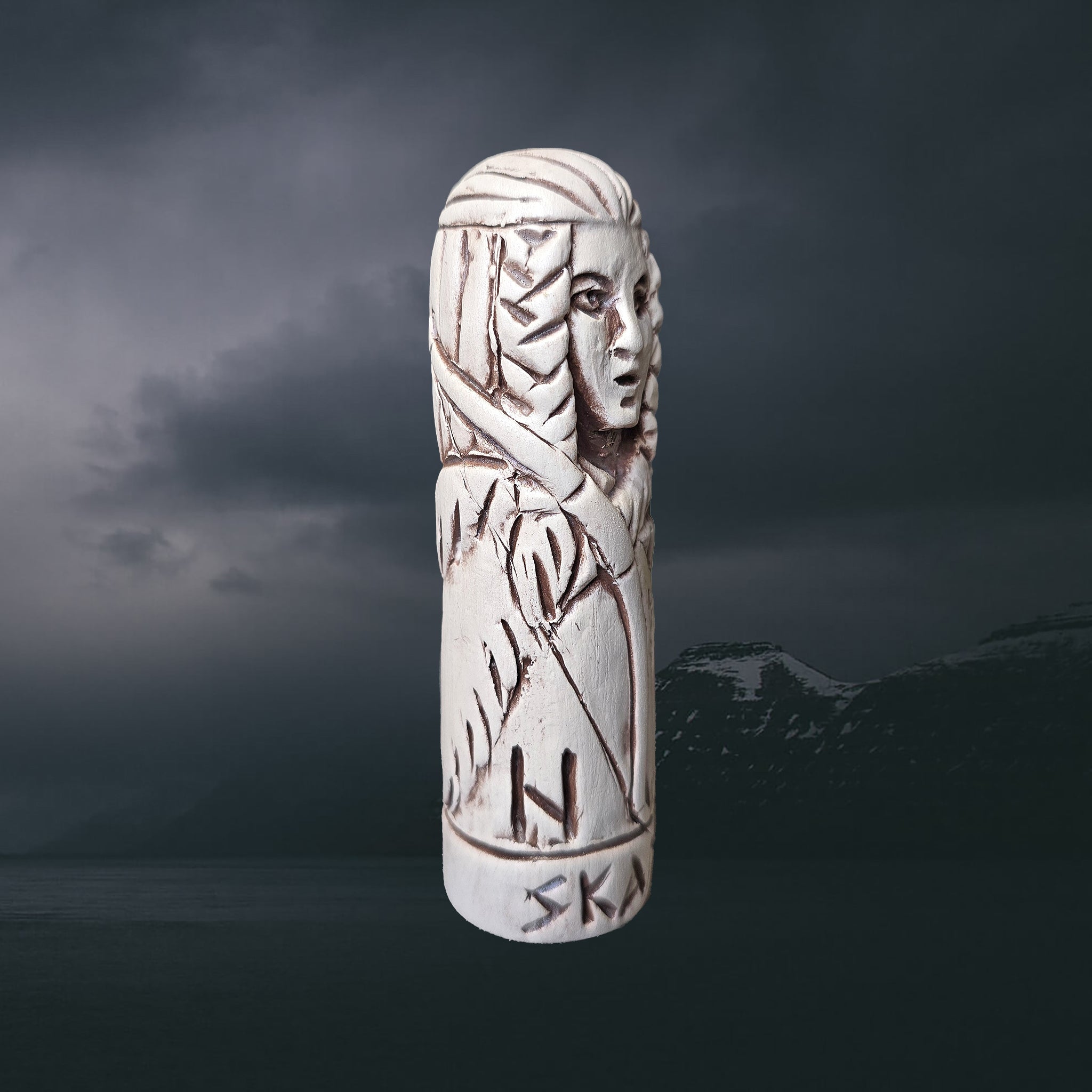 Statuette of the Norse Goddess Skadi in Hand-Crafted Clay - Right Side Angle View