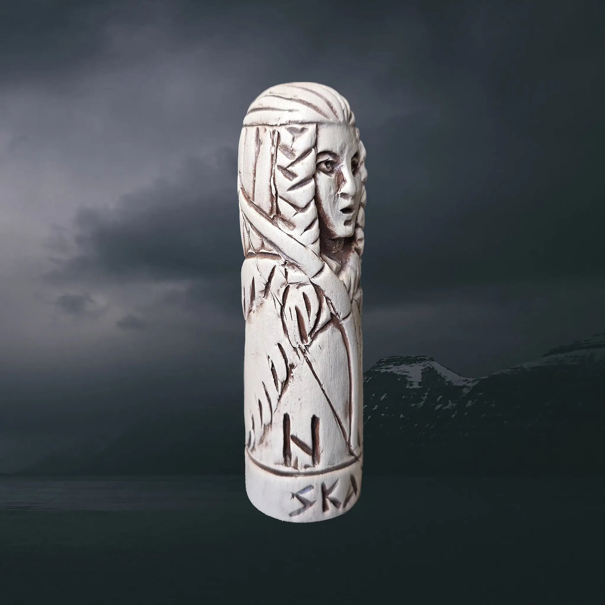 Statuette of the Norse Goddess Skadi in Hand-Crafted Clay - Right Side Angle View