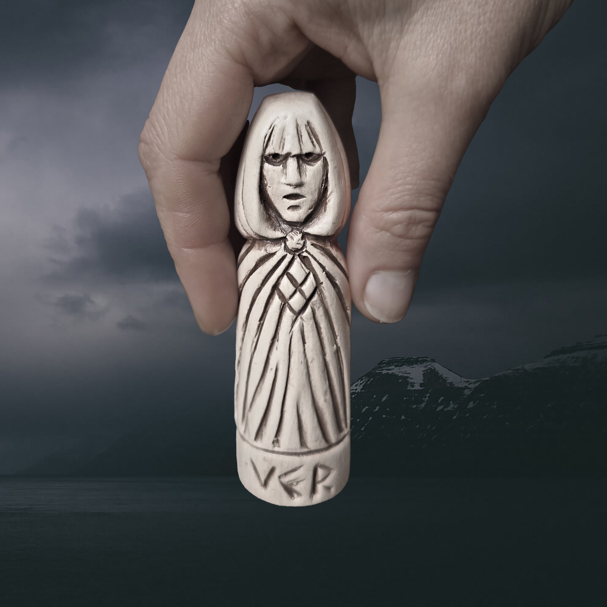 Hand-Crafted Ceramic Norse Goddess Vör Statuette in Hand for Scale