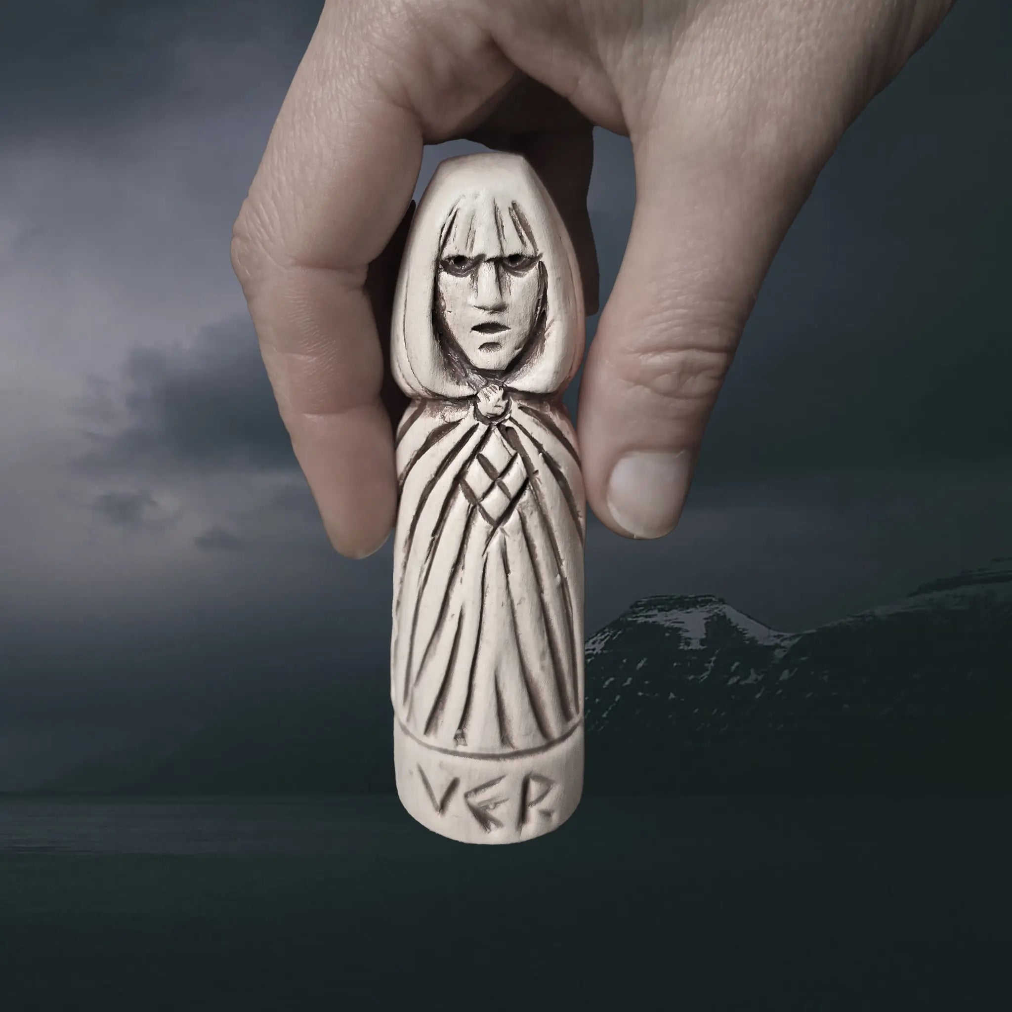 Hand-Crafted Ceramic Norse Goddess Vör Statuette in Hand for Scale