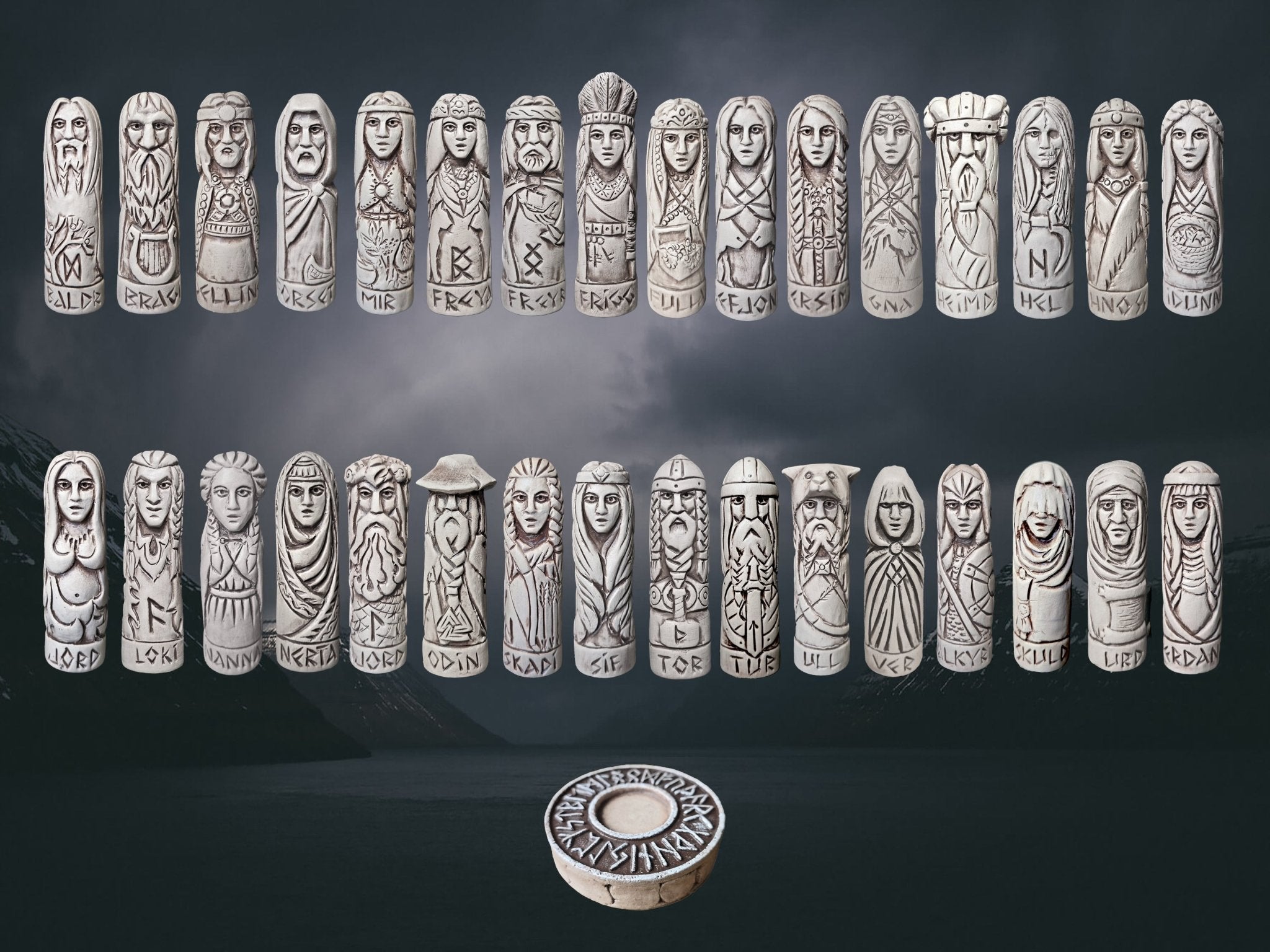 Hand-Crafted Ceramic Ultimate Norse Gods Collection with Elder Futhark Runic Altar - Landscape View