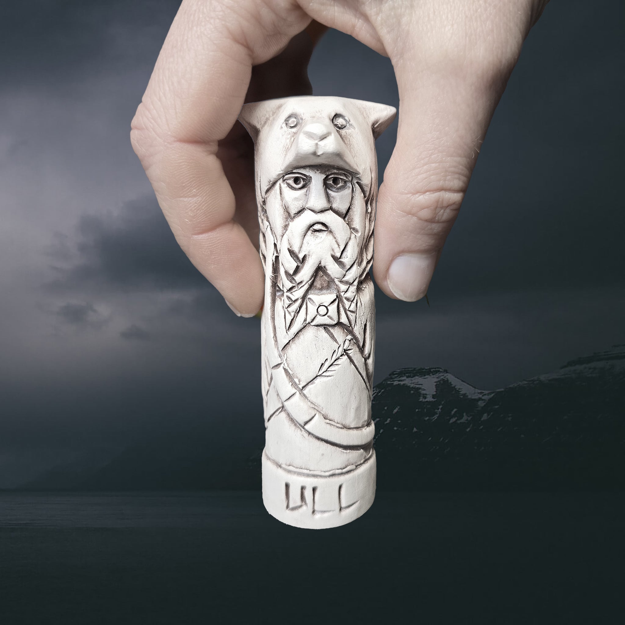 Hand-Crafted Ceramic Norse God Ull Statuette in Hand for Scale