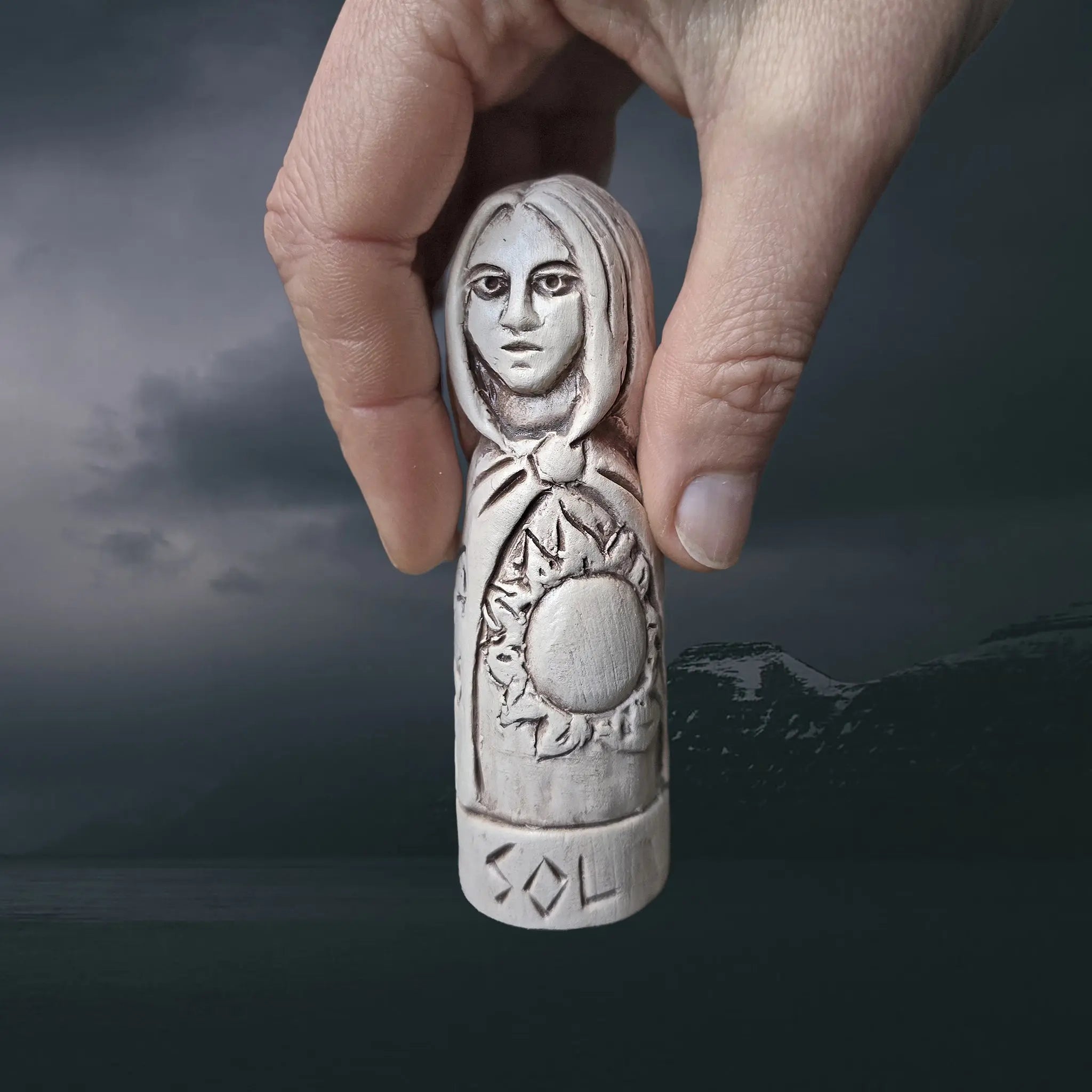 Statuette of the Norse Goddess Sol in Hand-Crafted Clay in Hand For Scale