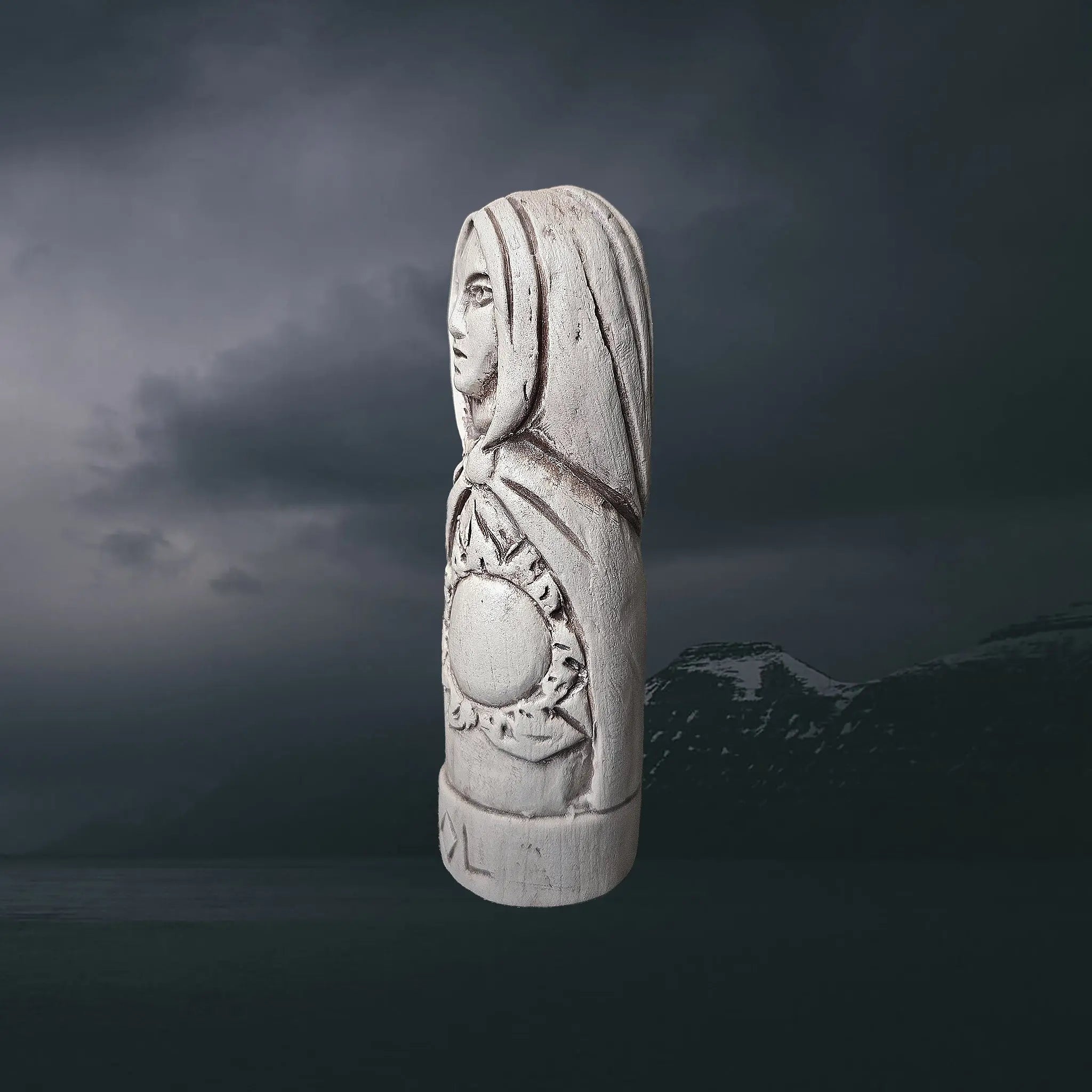 Statuette of the Norse Goddess Sol in Hand-Crafted Clay - Left Side Angle View