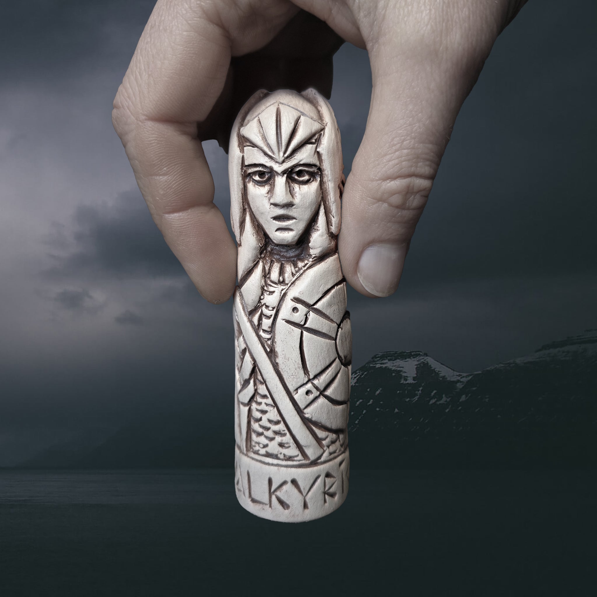 Hand-Crafted Ceramic Norse Mythology Valkyrie Statuette in Hand for Scale