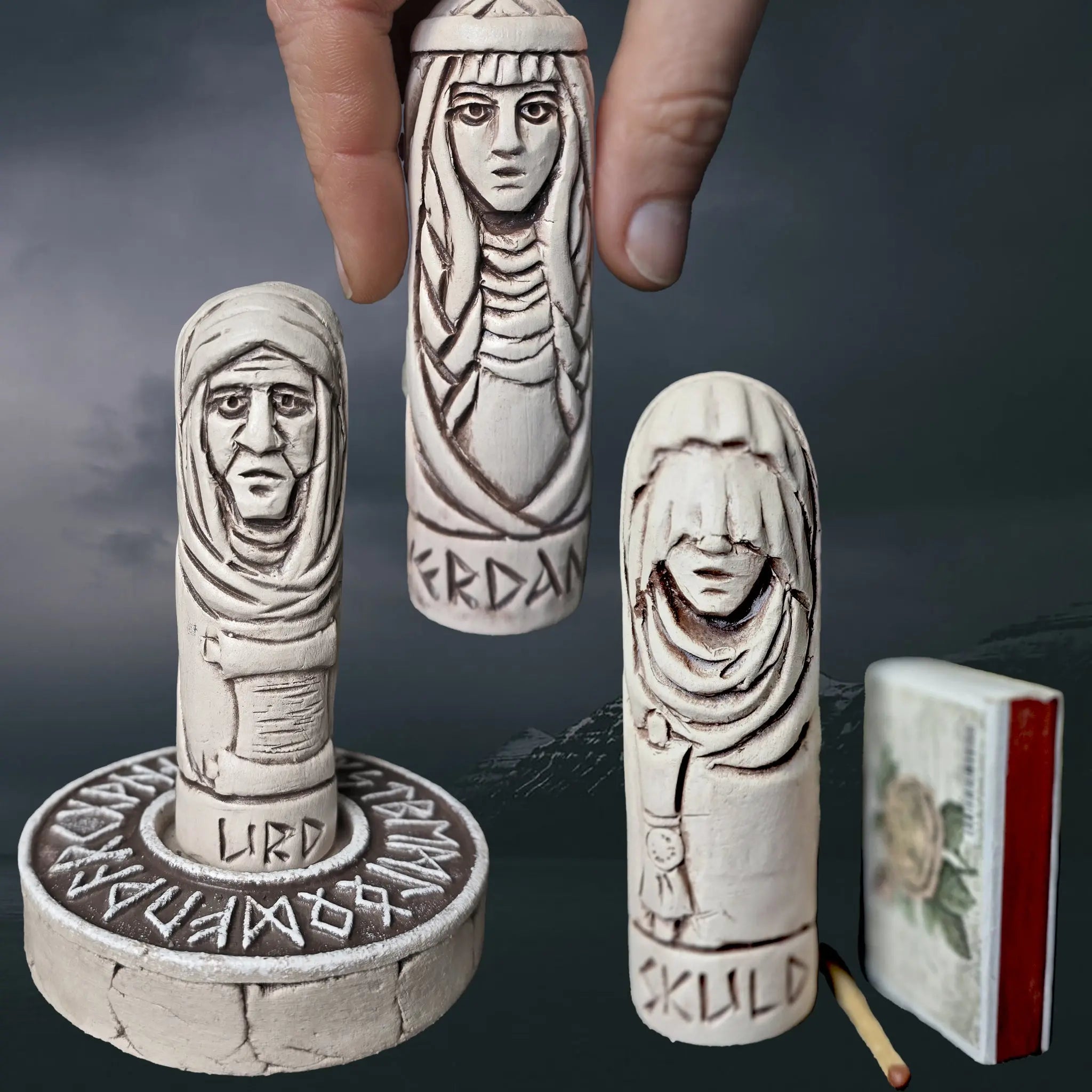 Hand-Crafted Ceramic Norns Statuettes - Urd, Verdandi & Skuld with Objects for Scale