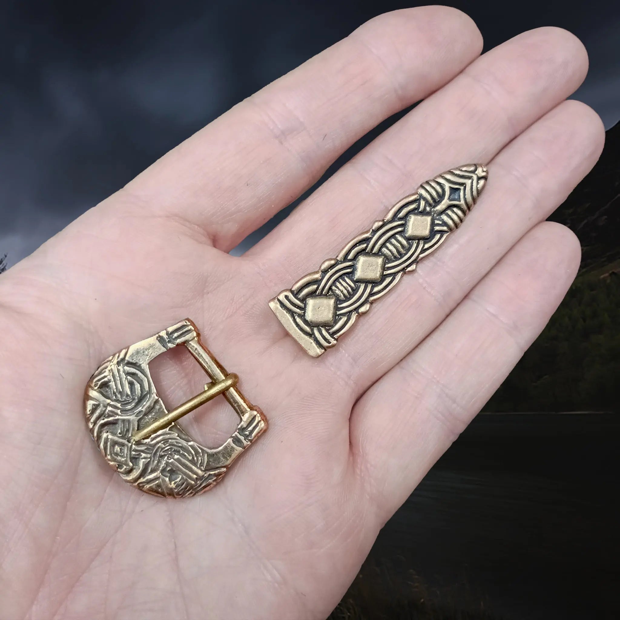 Bronze Borre Style Buckle Set from Birka - Buckle & Strap End on Hand Lemgthways