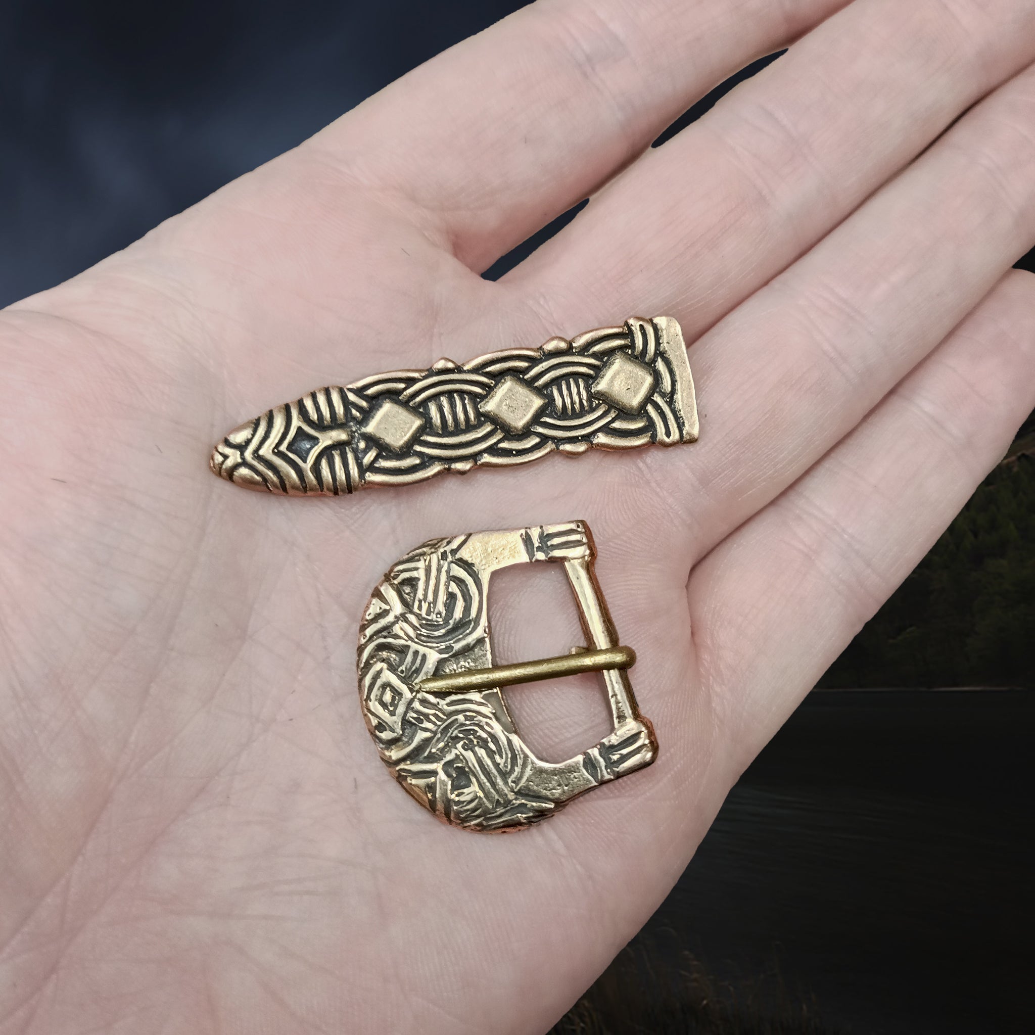 Bronze Borre Style Buckle Set from Birka - Buckle & Strap End on Hand