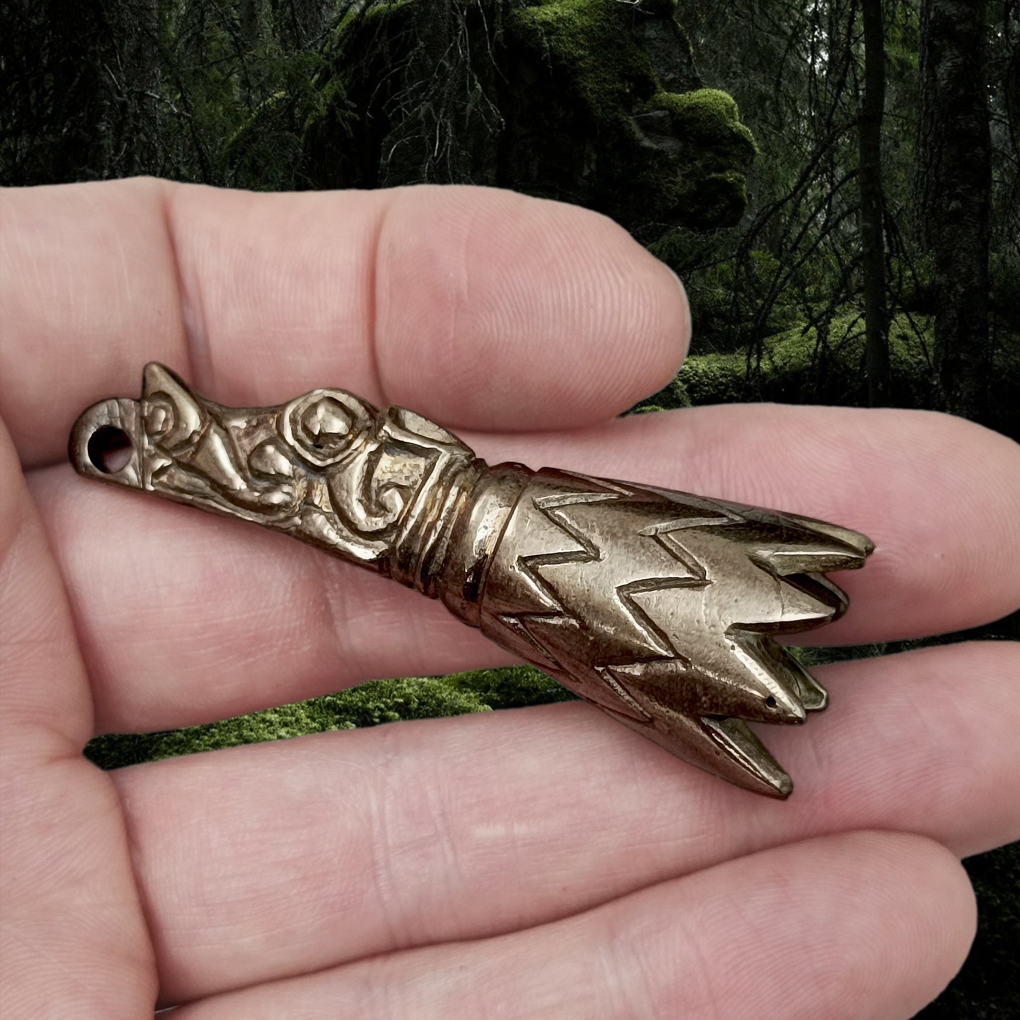 Medium Bronze Viking Drinking Horn Finial with Dragon Head in Hand - Anlge View