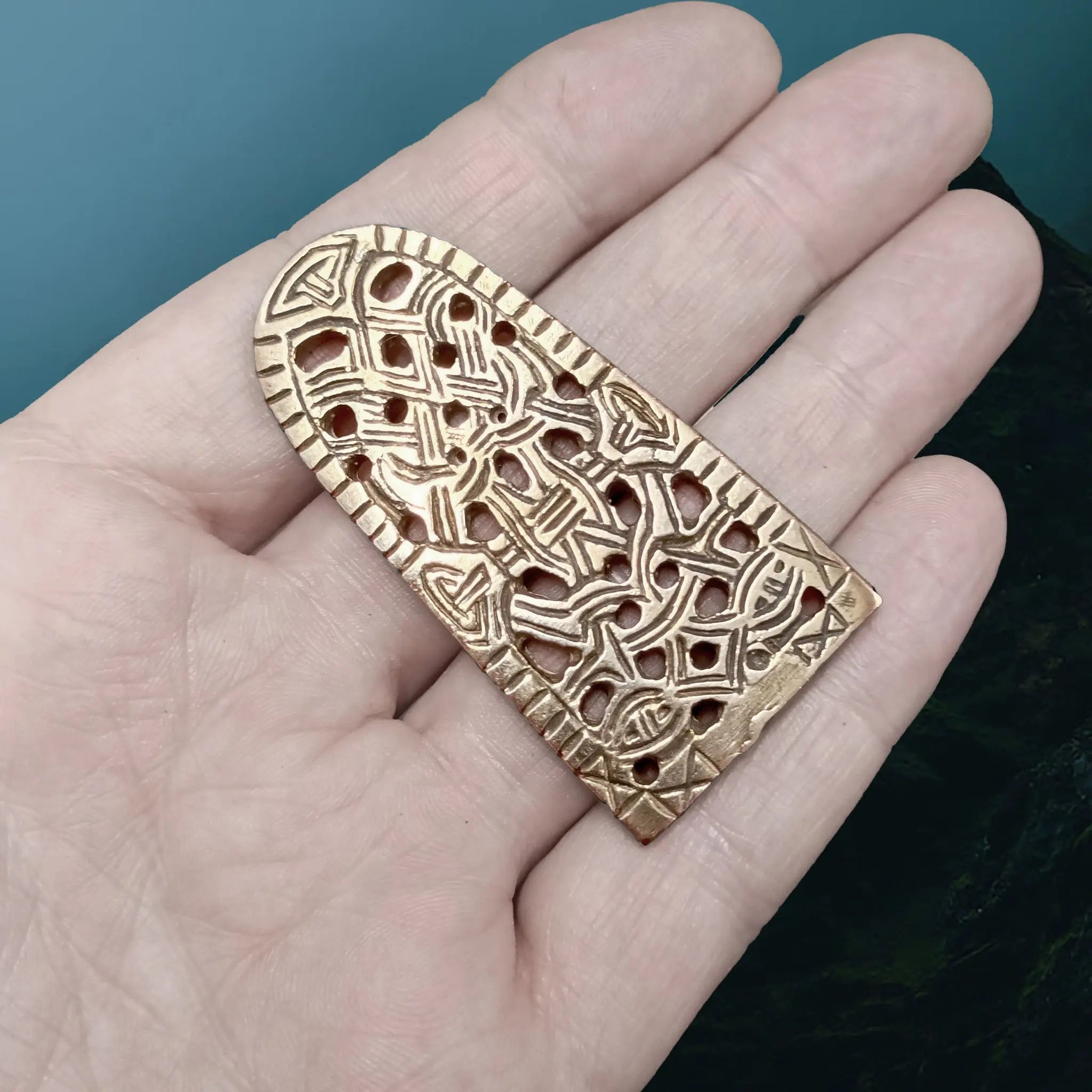 Replica Viking Strap End Found in the Gokstad Ship Burial, Norway, 9th Century in Solid Bronze on Hand