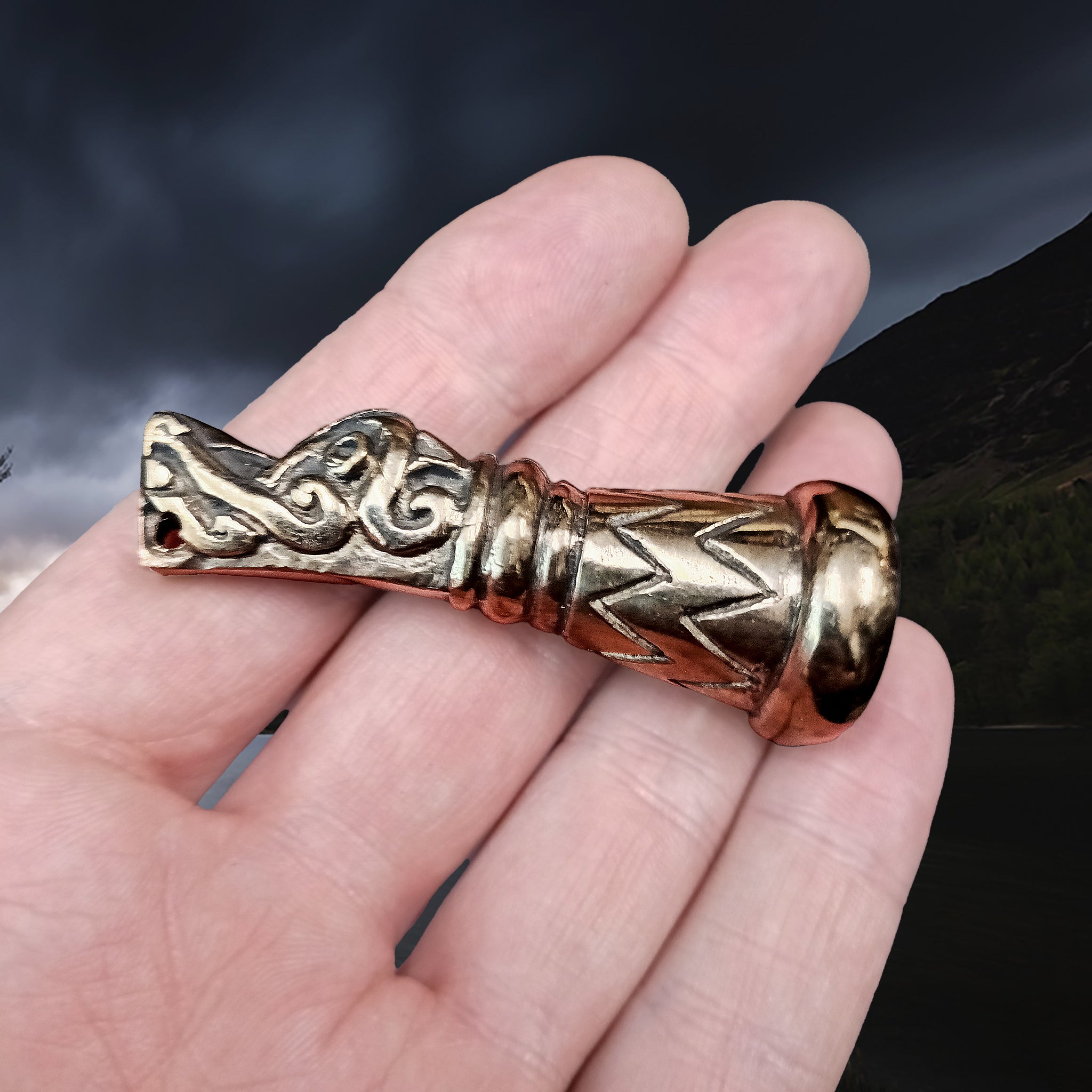 Large Drinking Horn Finial with Gotland Dragon Head on Hand