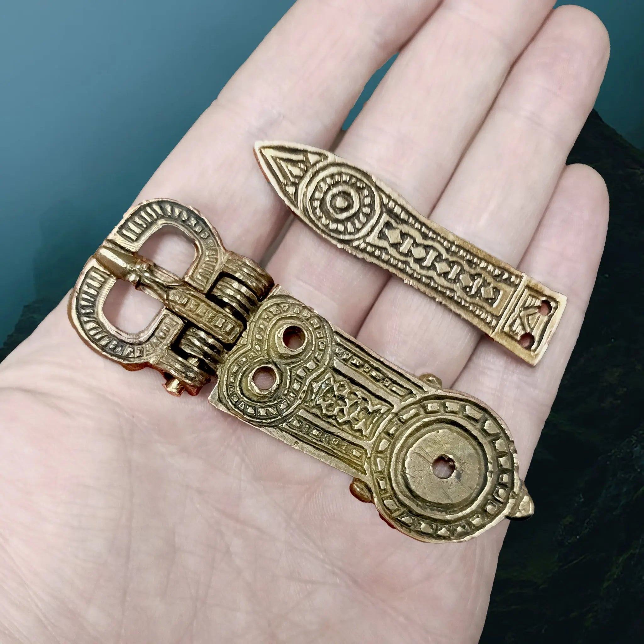 Hiberno-Norse Hinged Buckle & Strap End Set in Solid Bronze on Hand