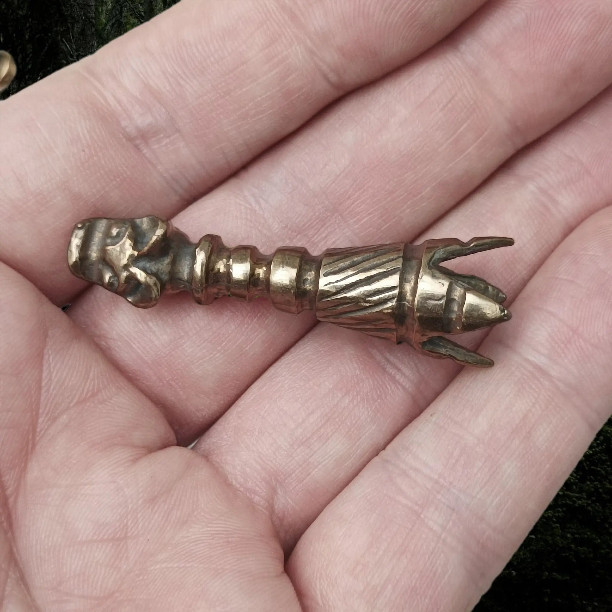 Small Bronze Viking Drinking Horn Finial with Wolf Head - Above View