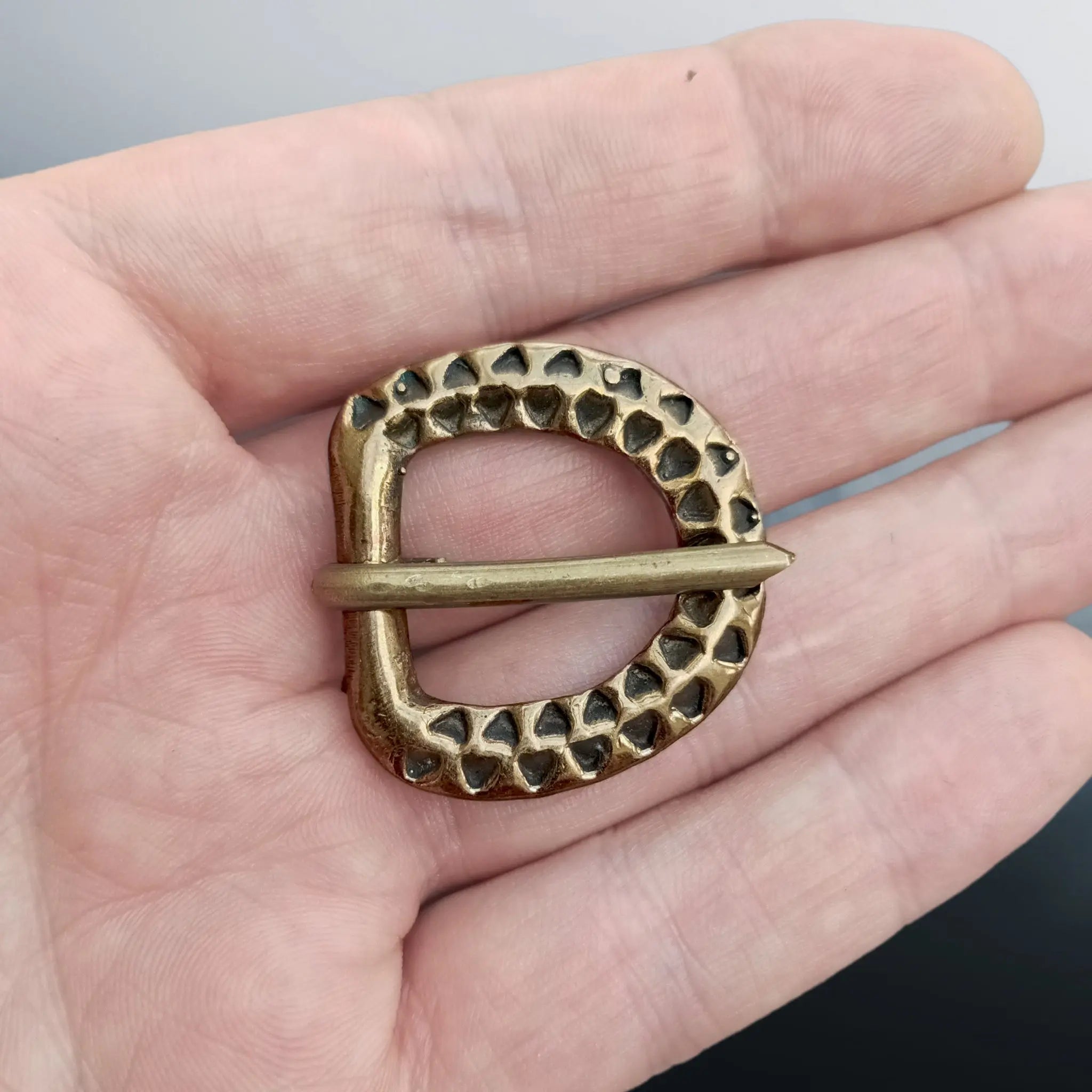 9th - 10th Century Bronze Replica Saxon Buckle with Stamped Design on Hand