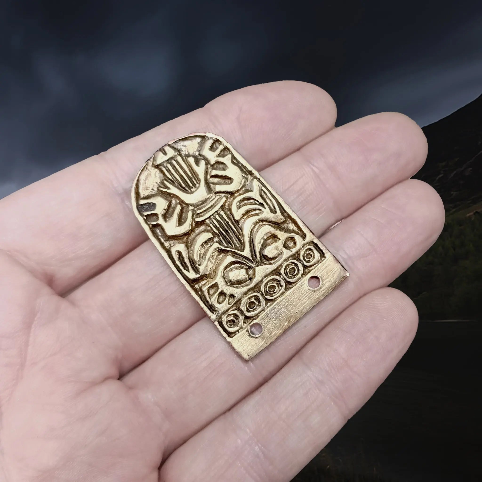 Replica Viking Strap End, 9 - 10th century in Borre Style, based on a find from Aldeby, Norfolk, England, UK on Hand - Different Angle