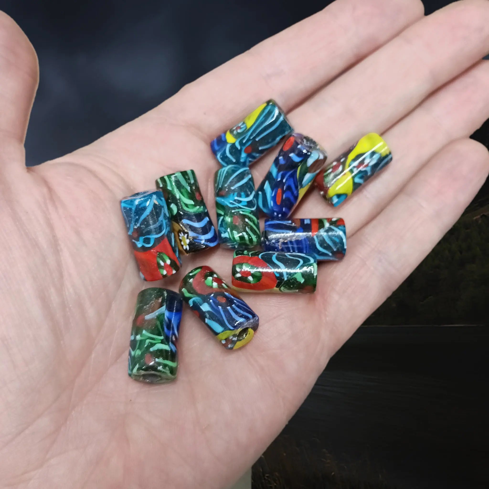 Tubular Hand-Painted Glass Replica Viking Beads from Birka on Hand x 10