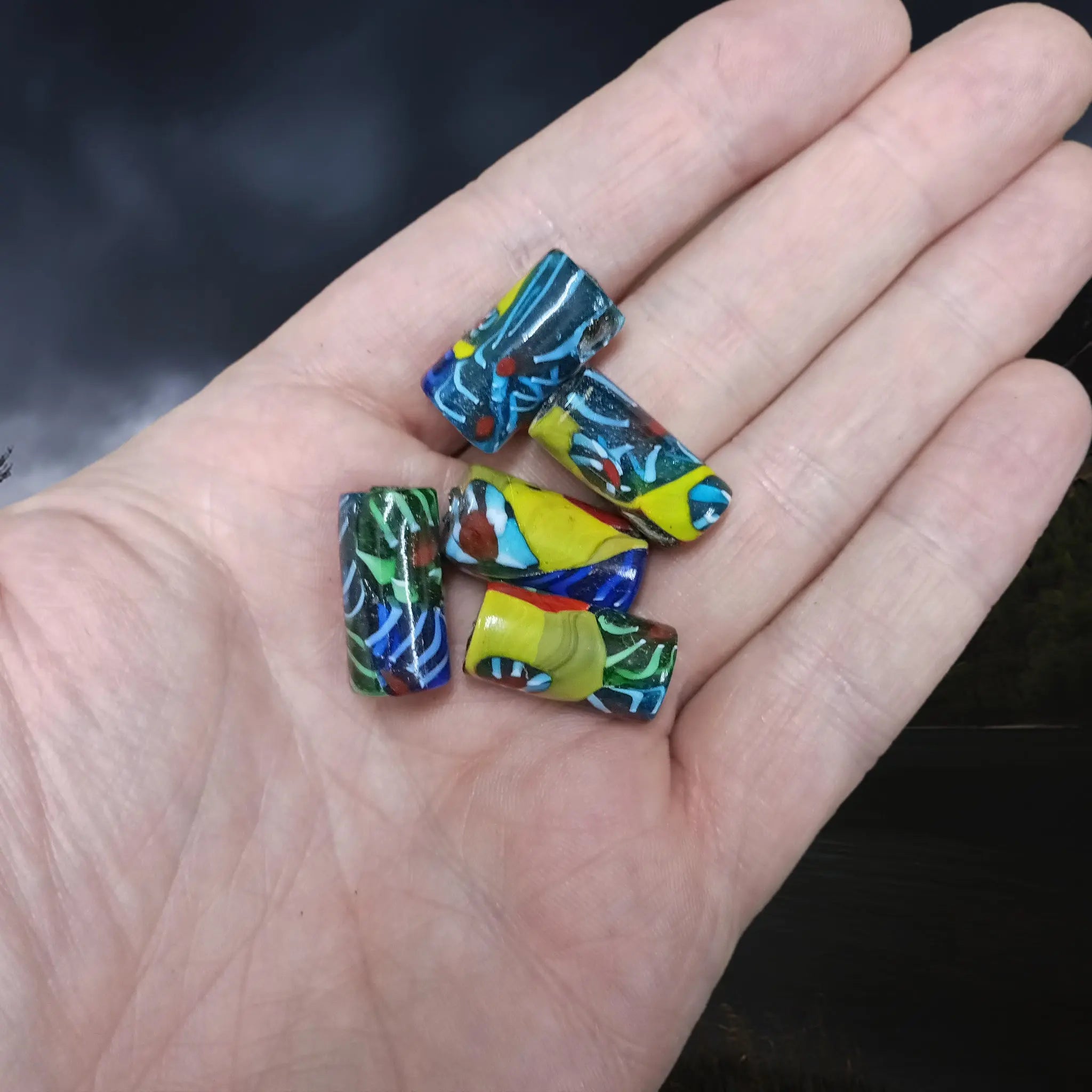 Tubular Hand-Painted Glass Replica Viking Beads from Birka on Hand x 5