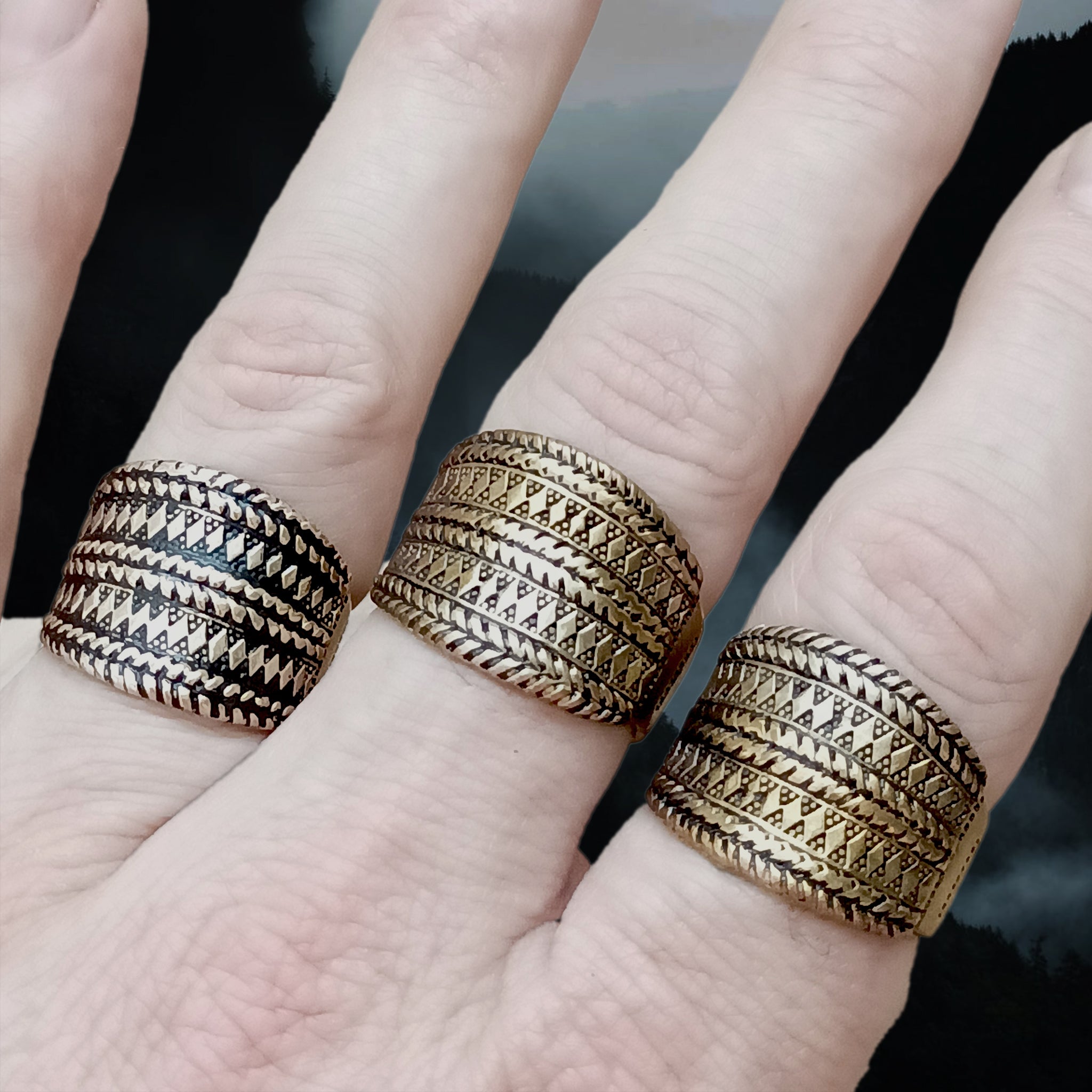 Bronze Replica Rings with Decorated Viking Design on Fingers