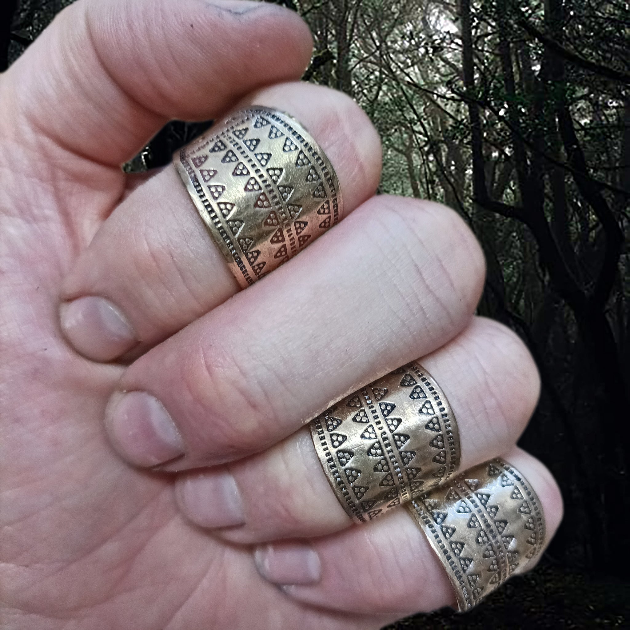 Embossed Replica Viking Bronze Rings on Hand