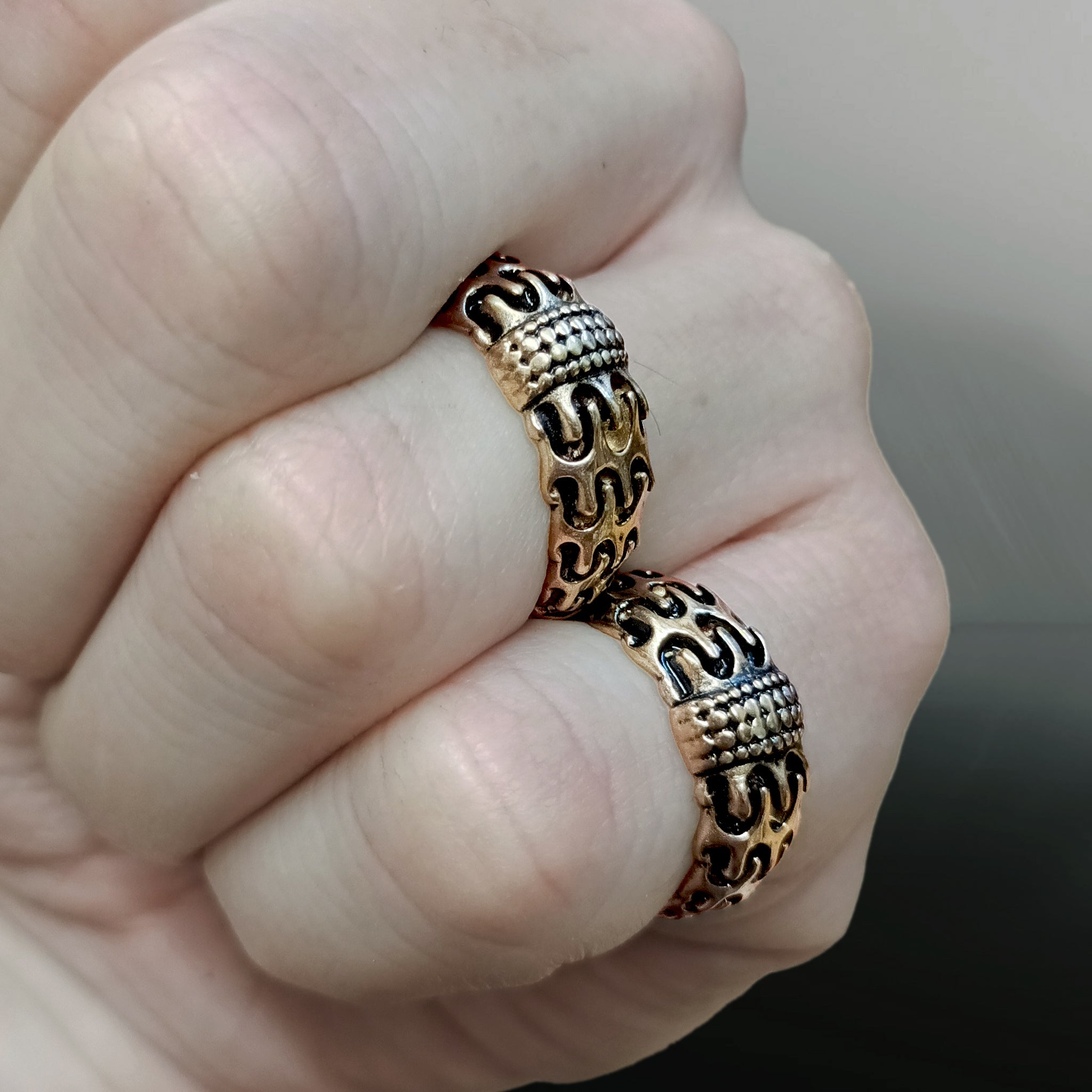 Bronze Replica Viking Ring from Orupgård, Falster, Denmark on Fingers