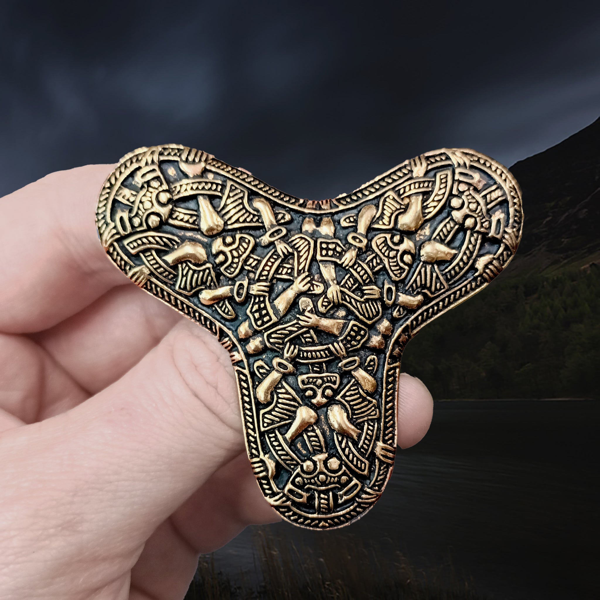 Large Bronze Viking Trefoil Brooch from Oseberg in Fingers