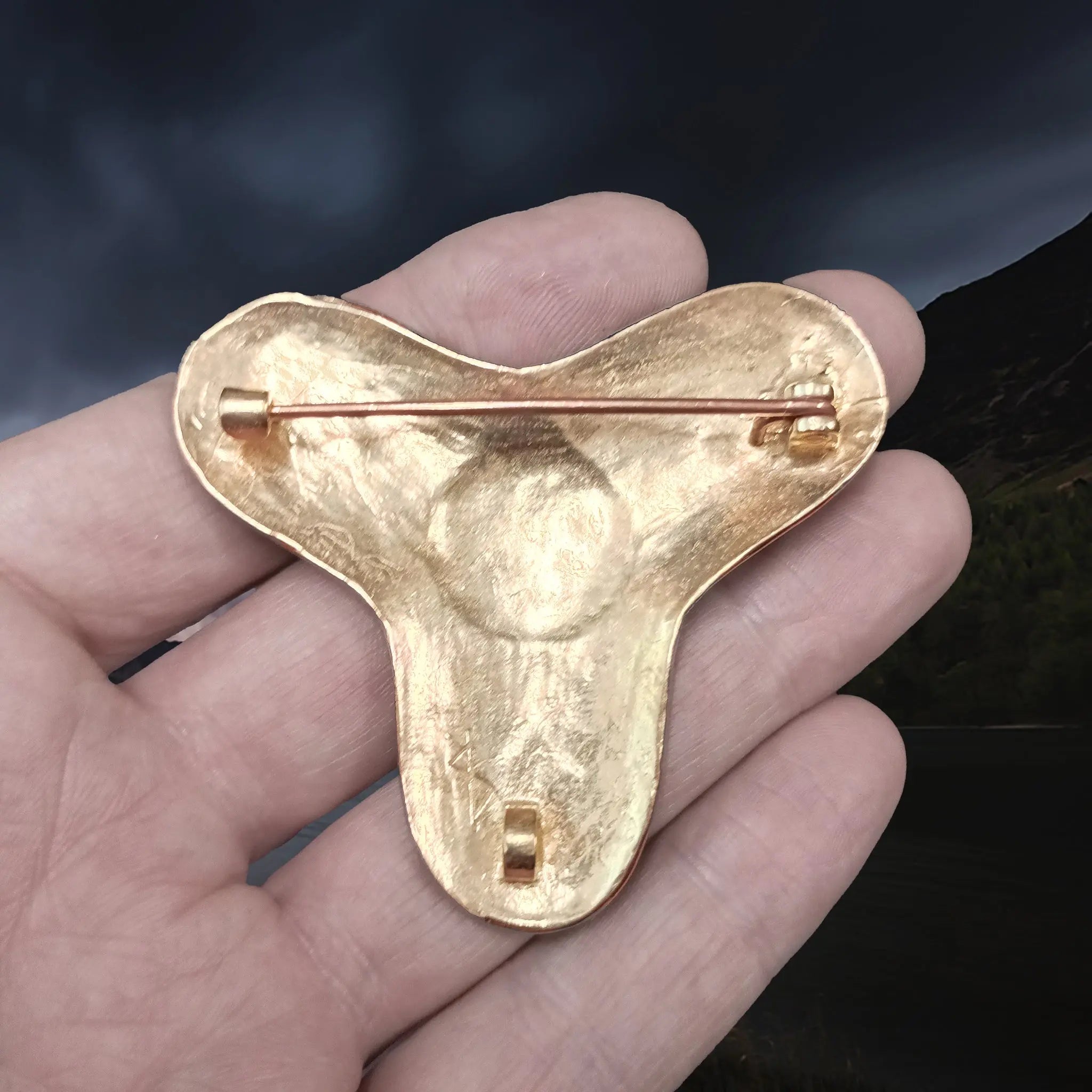 Large Bronze Viking Trefoil Brooch from Oseberg on Hand - Back View