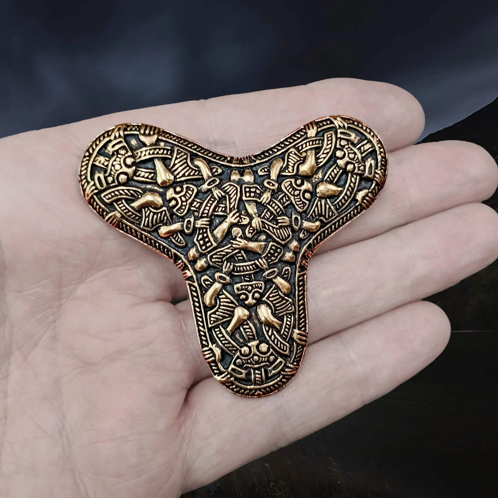 Large Bronze Viking Trefoil Brooch from Oseberg on Hand