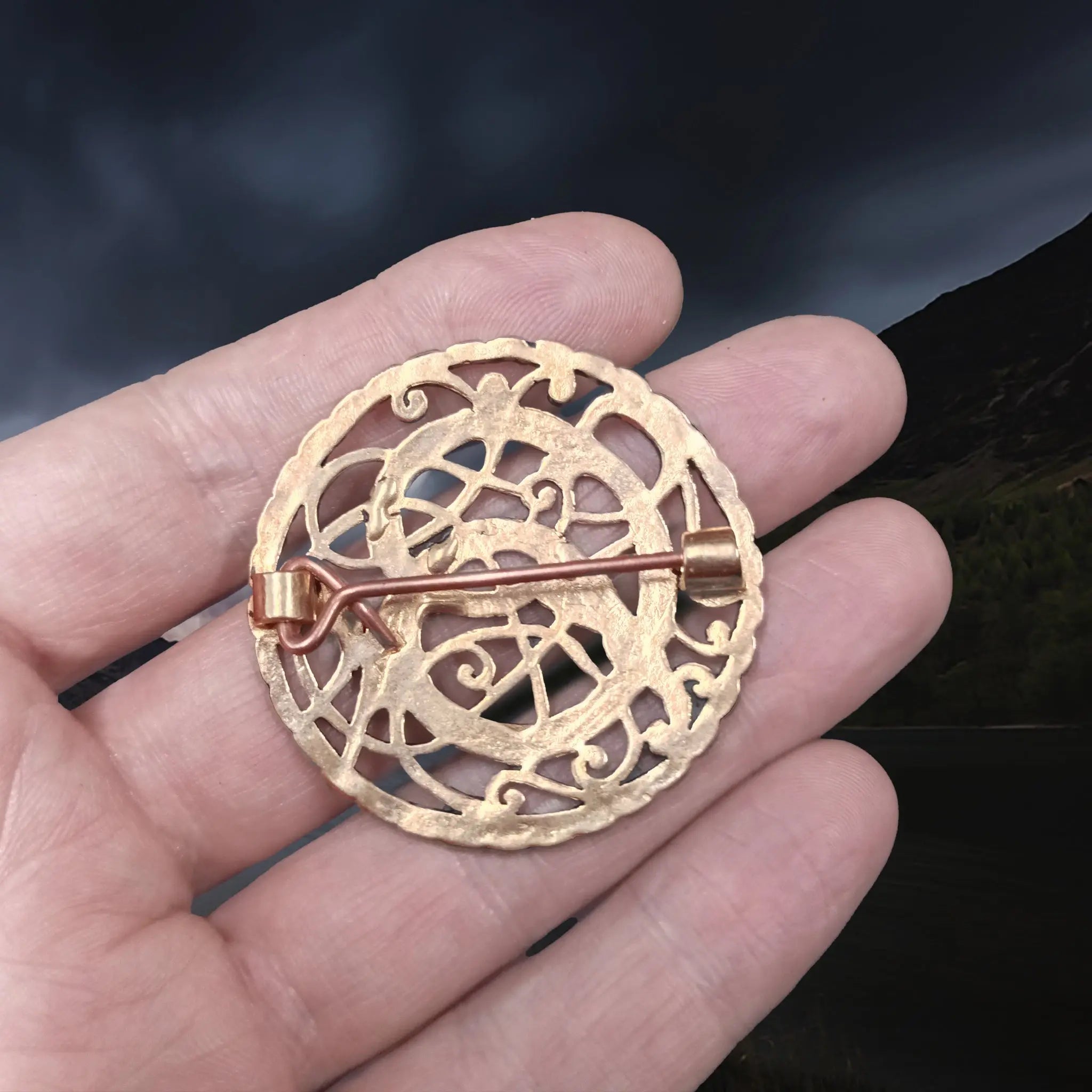 Large Bronze Viking / Saxon Urnes Style Pitney Brooch on Hand - Back View