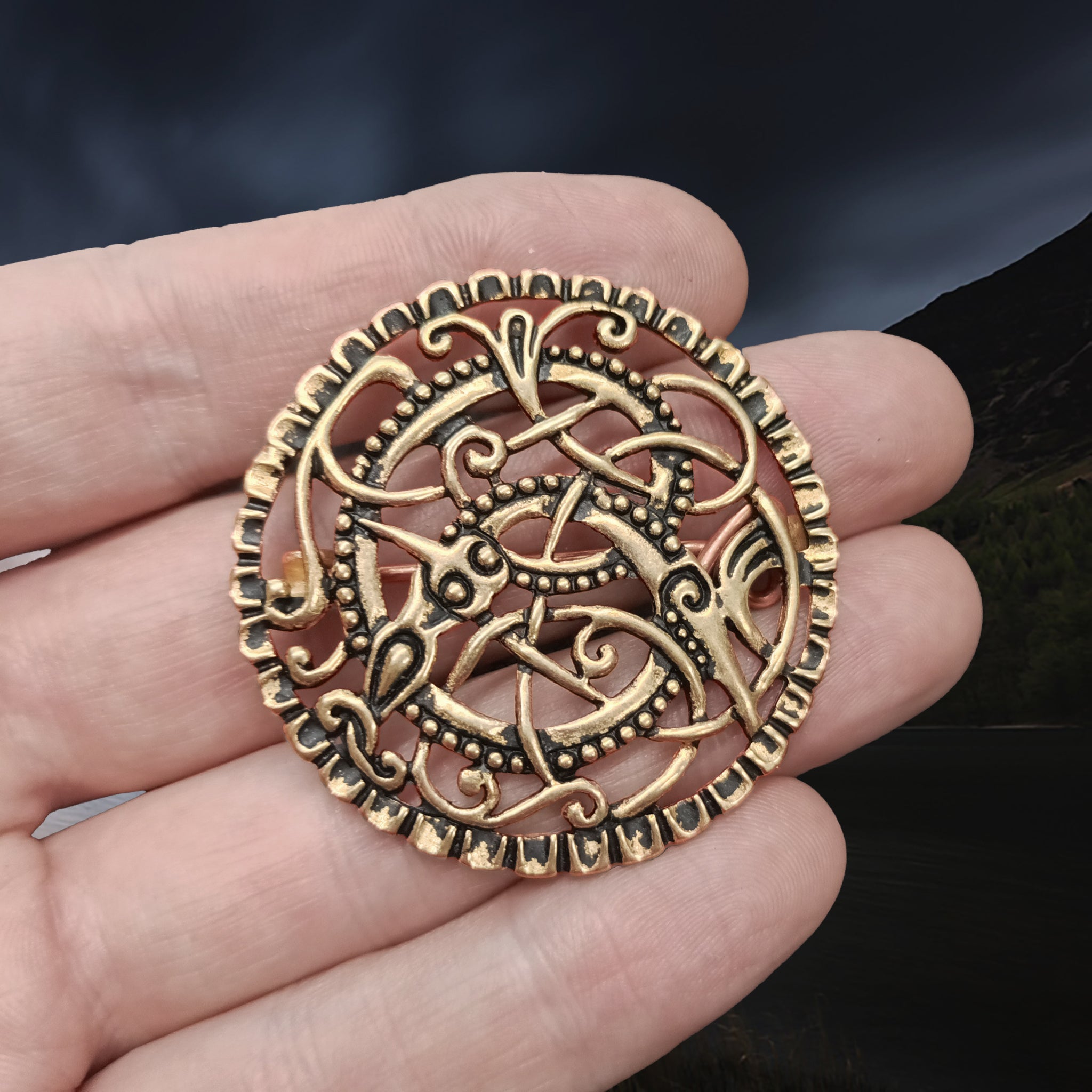 Large Bronze Viking / Saxon Urnes Style Pitney Brooch on Hand