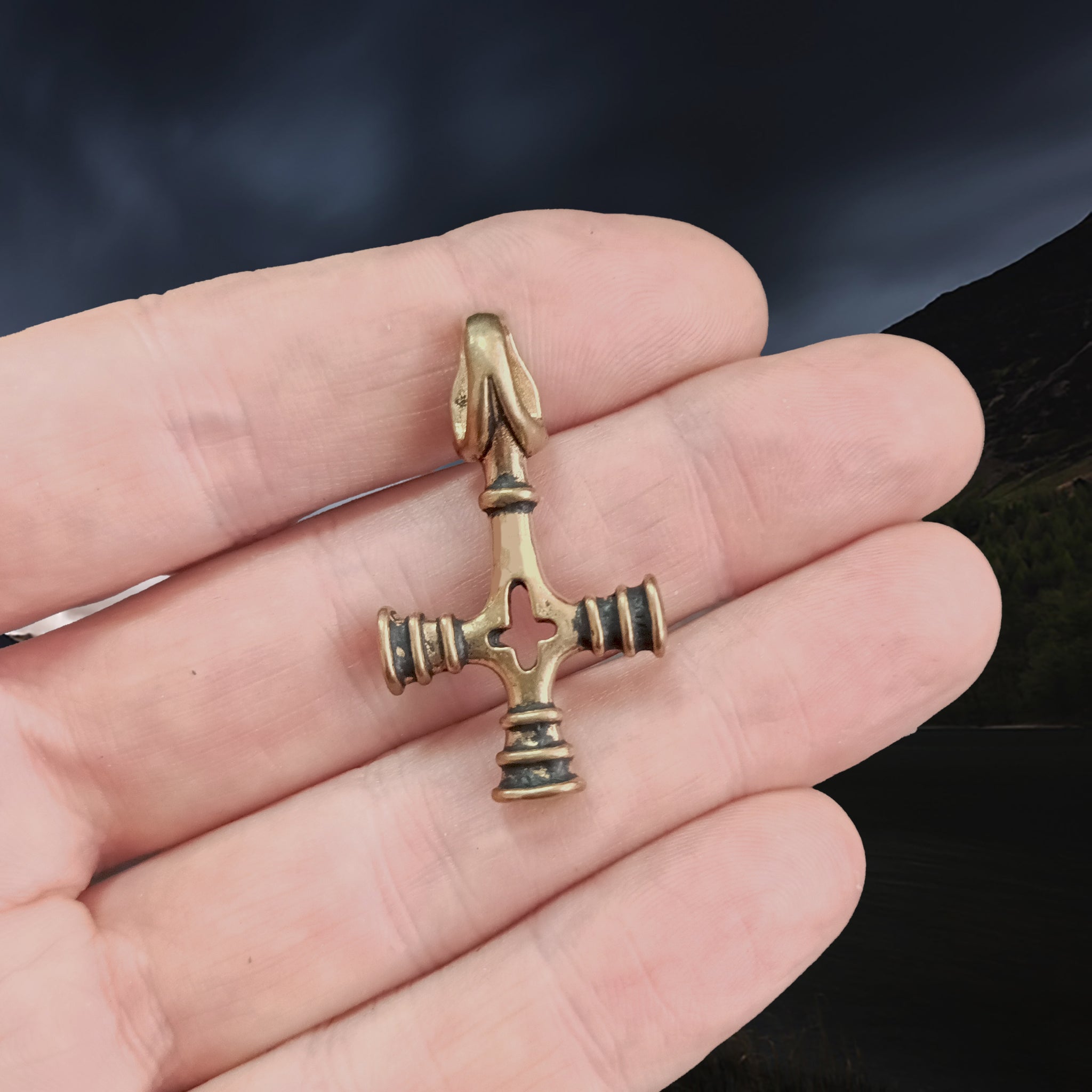 Bronze Wolf Cross Thors Hammer Pendant on Hand - Back View