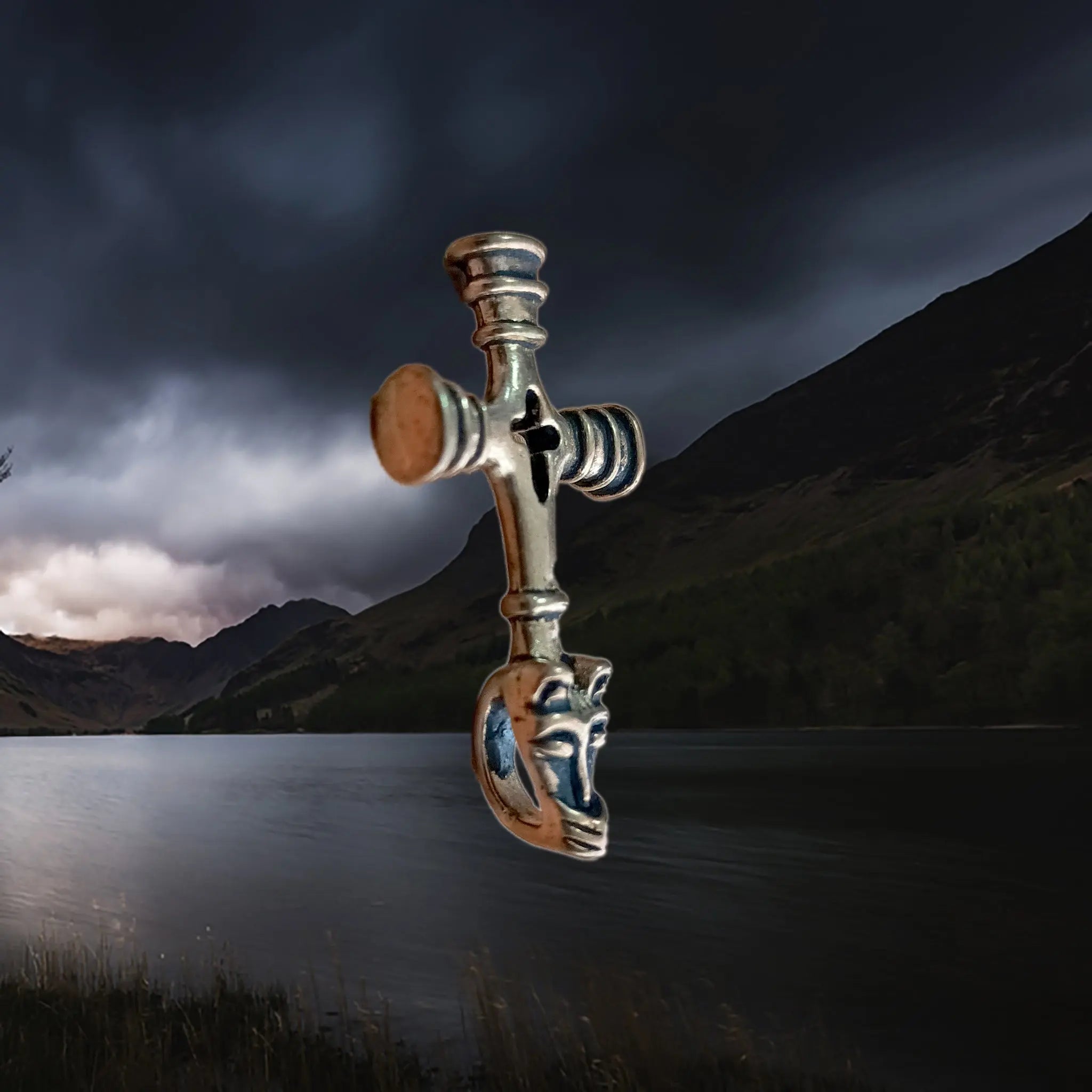 Bronze Wolf Cross Thors Hammer Pendant - Side Angle View Upright