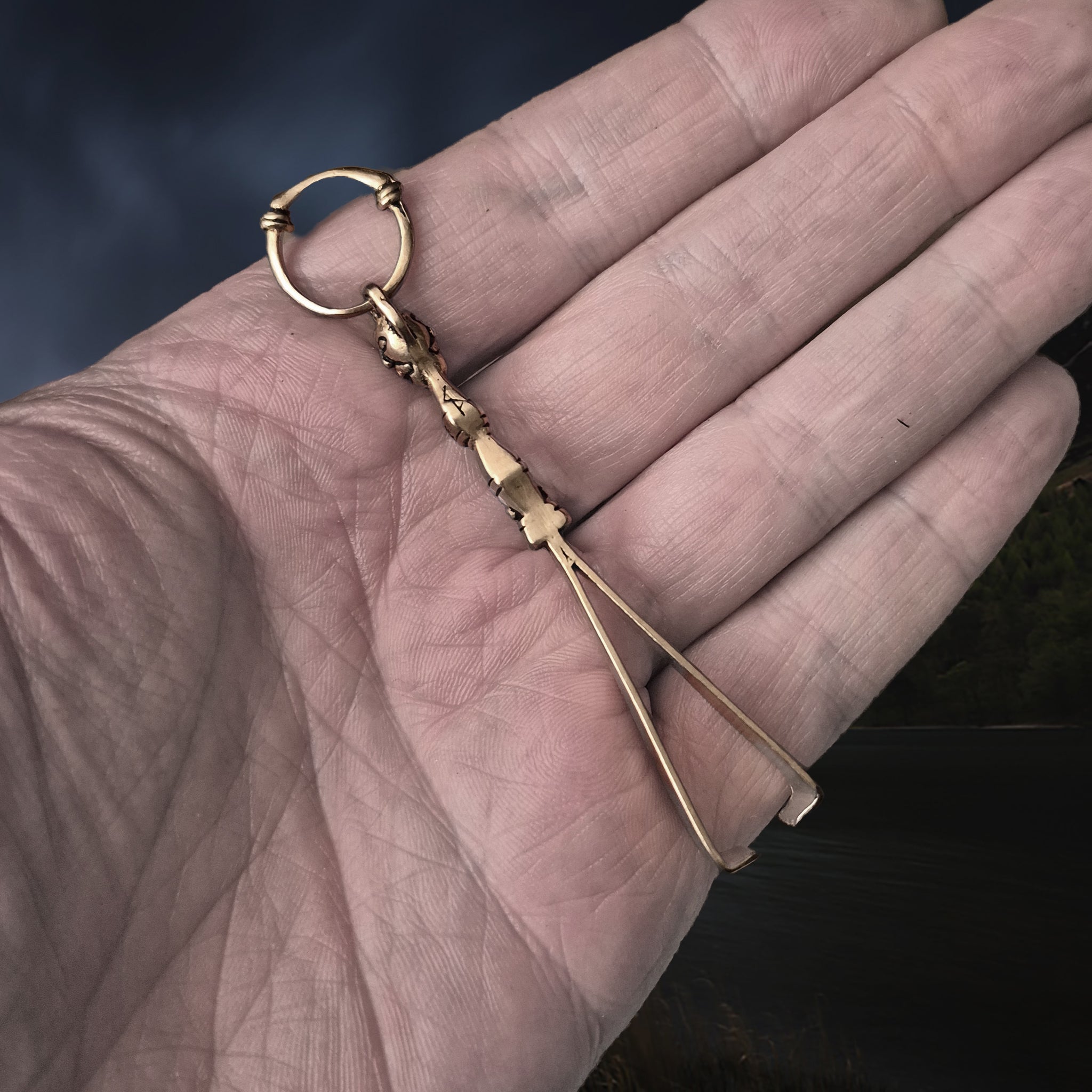 Viking Age Replica - Bronze Tweezers from Gotland, Sweden on Hand - Side View