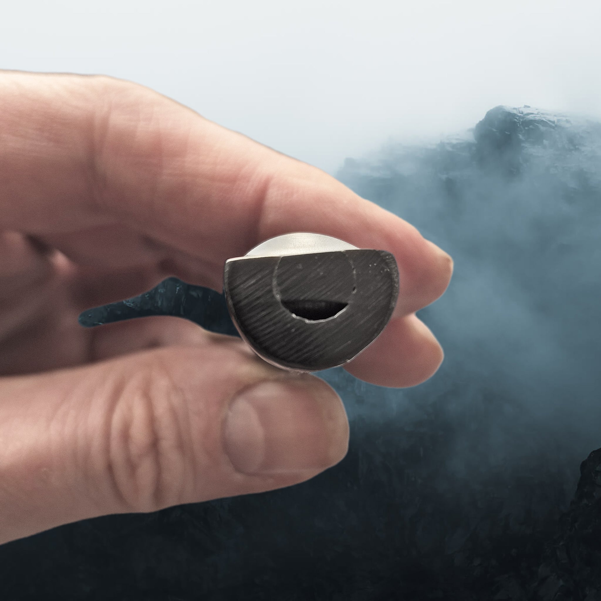 Handmade Replica Viking Age Dark Horn Whistle with Horn Block from Öland, Sweden in Hand - Mouthpiece End