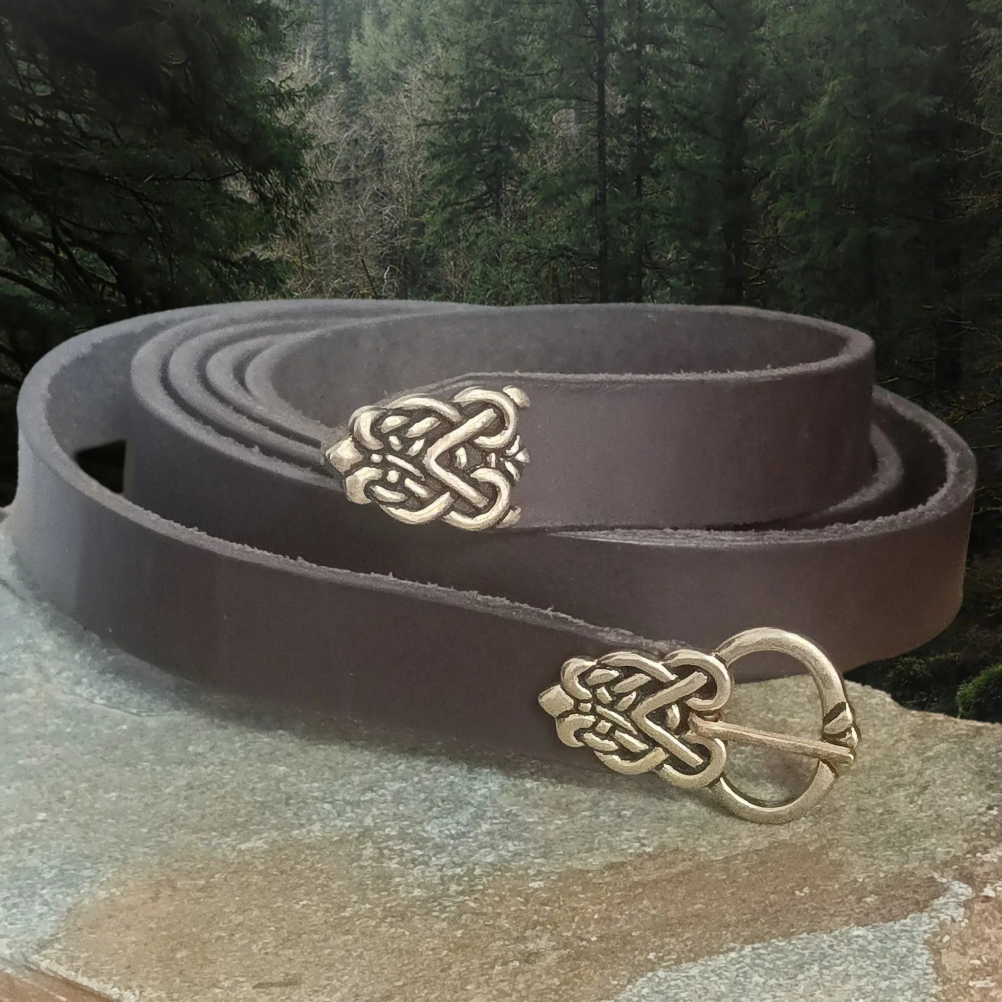 Buckle and Strap End in Solid Bronze in Viking Ringerike Style on Brown Leather Strap