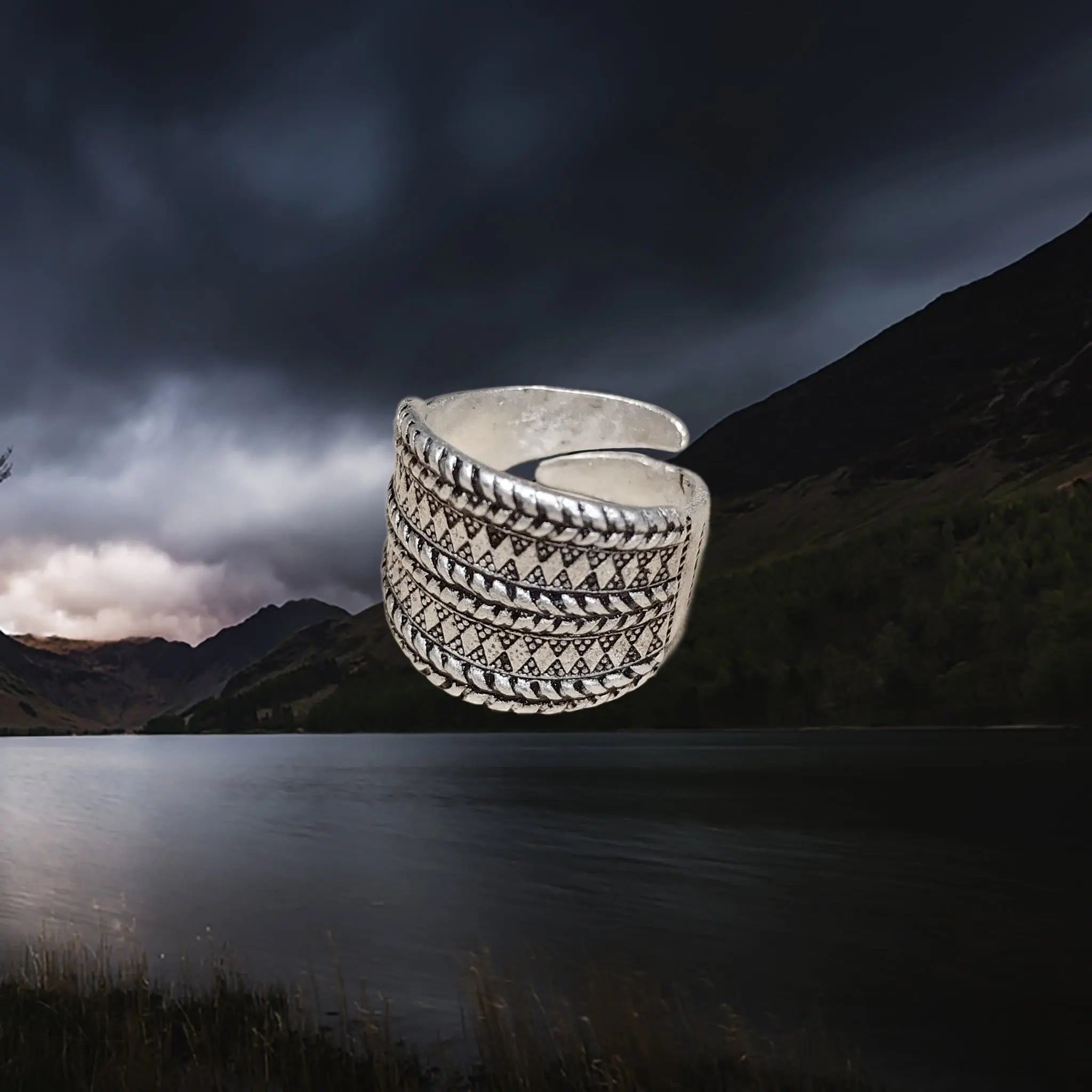 Silver Plated Replica Ring with Decorated Viking Design in Small Size
