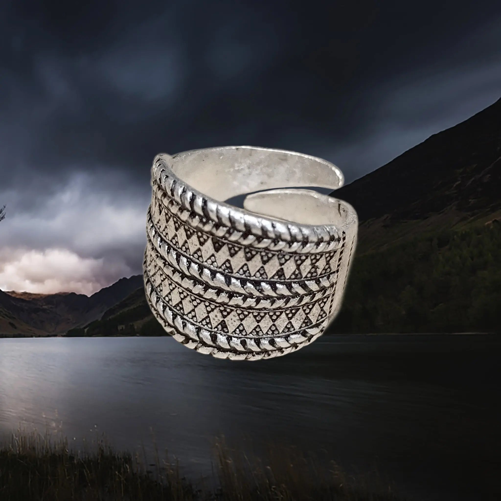 Silver Plated Replica Ring with Decorated Viking Design in Large Size