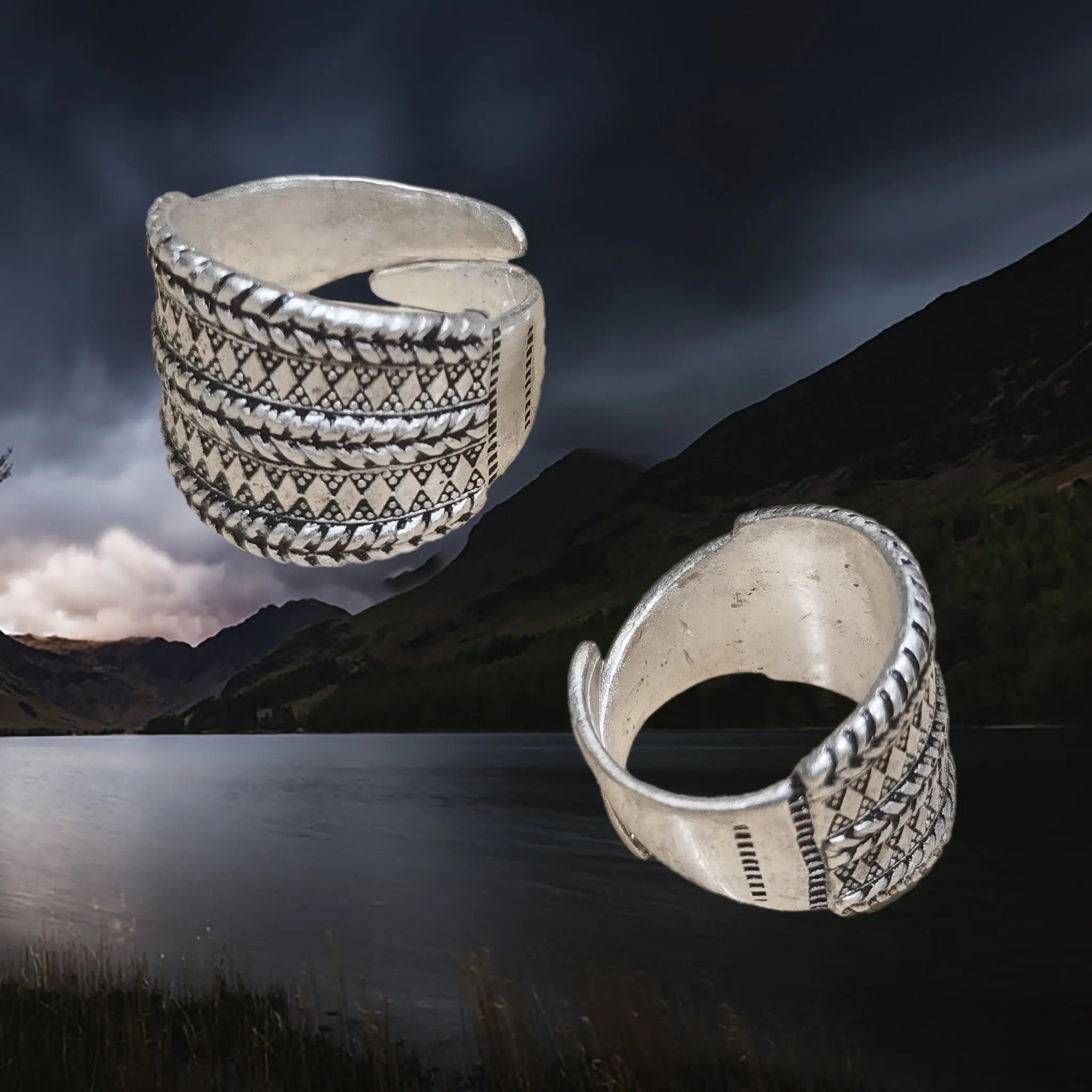 Silver Plated Replica Ring with Decorated Viking Design - Different Angles