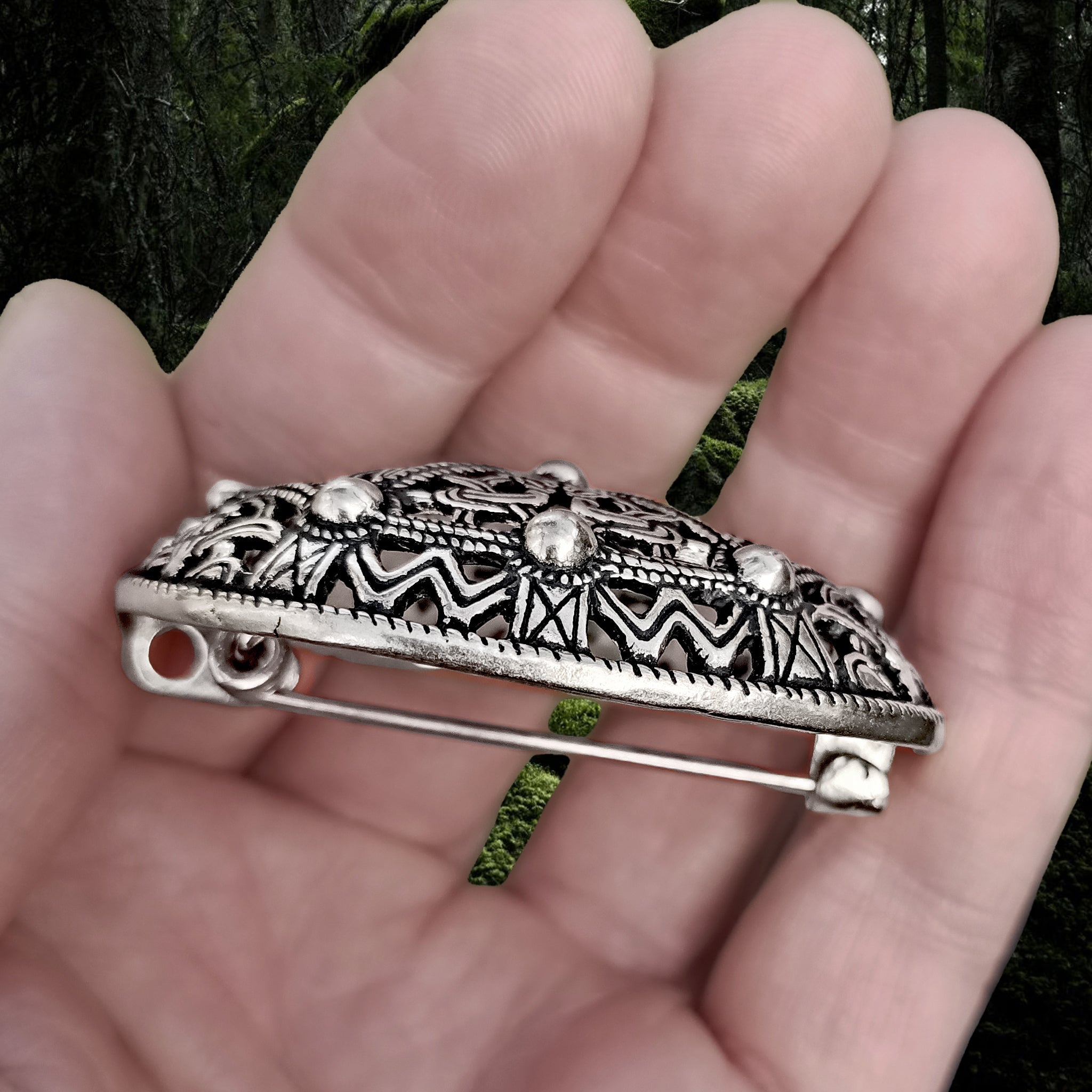 Silver Plated Borre Style Openwork Akershus Viking Tortoise Brooch in Hand - Side View