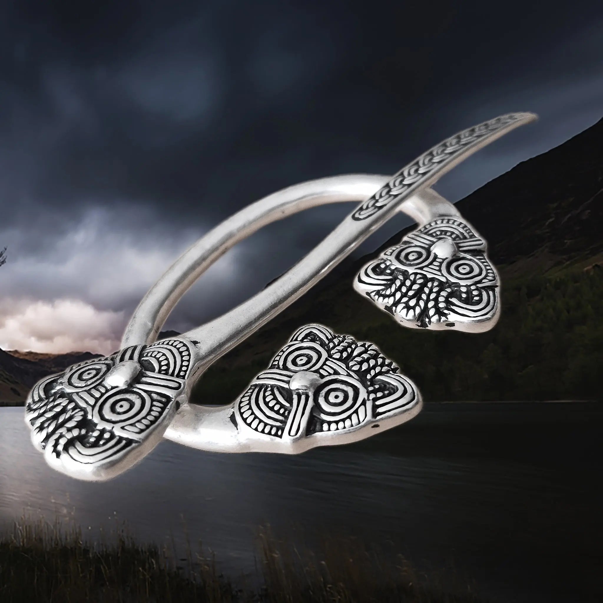 Viking Age Replica - Silver Plated Danish Cloak Pin with Viking Heads The Viking Dragon