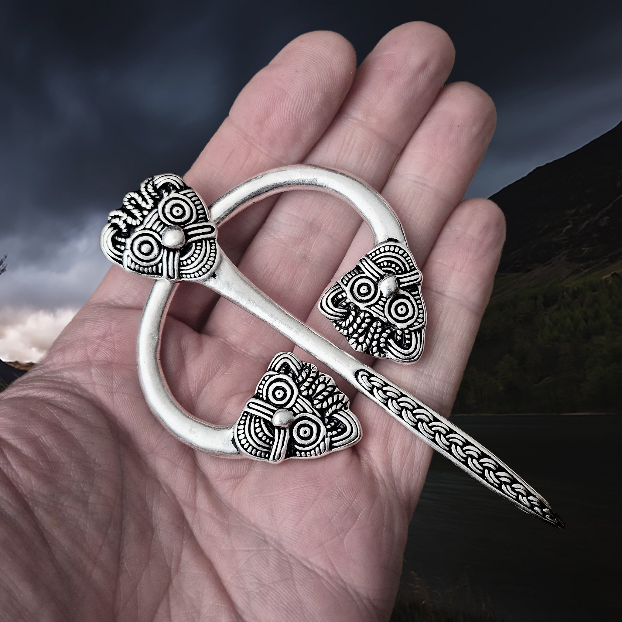 Viking Age Replica - Silver Plated Danish Cloak Pin with Viking Heads on Hand