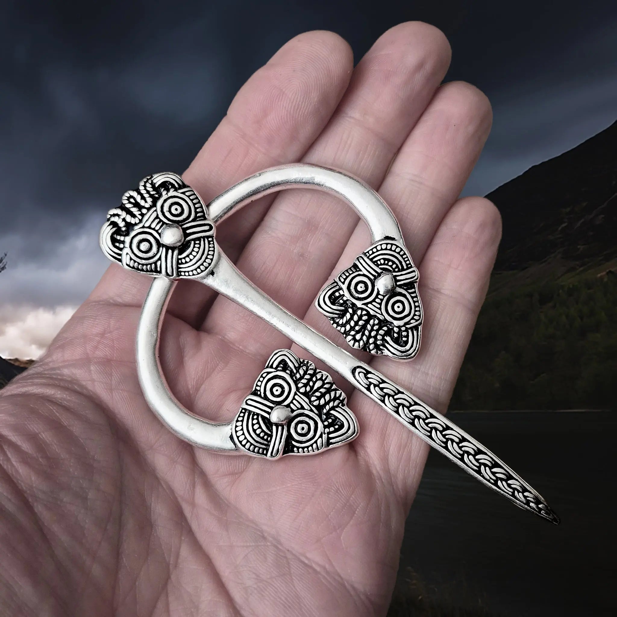 Viking Age Replica - Silver Plated Danish Cloak Pin with Viking Heads The Viking Dragon