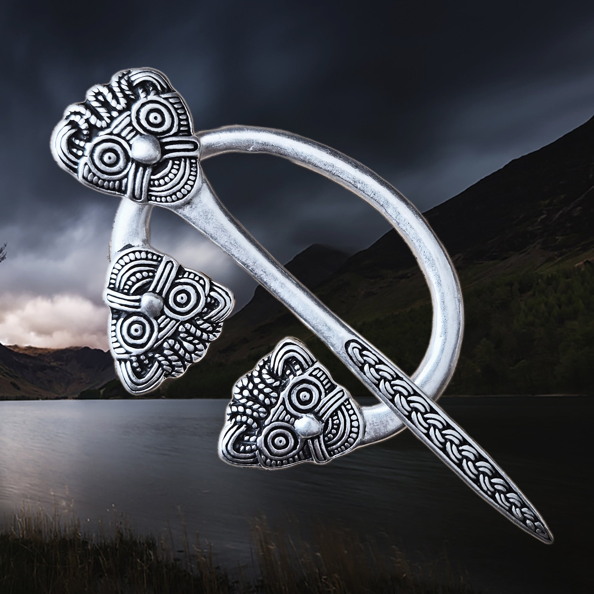 Viking Age Replica - Silver Plated Danish Cloak Pin with Viking Heads - The Viking Dragon