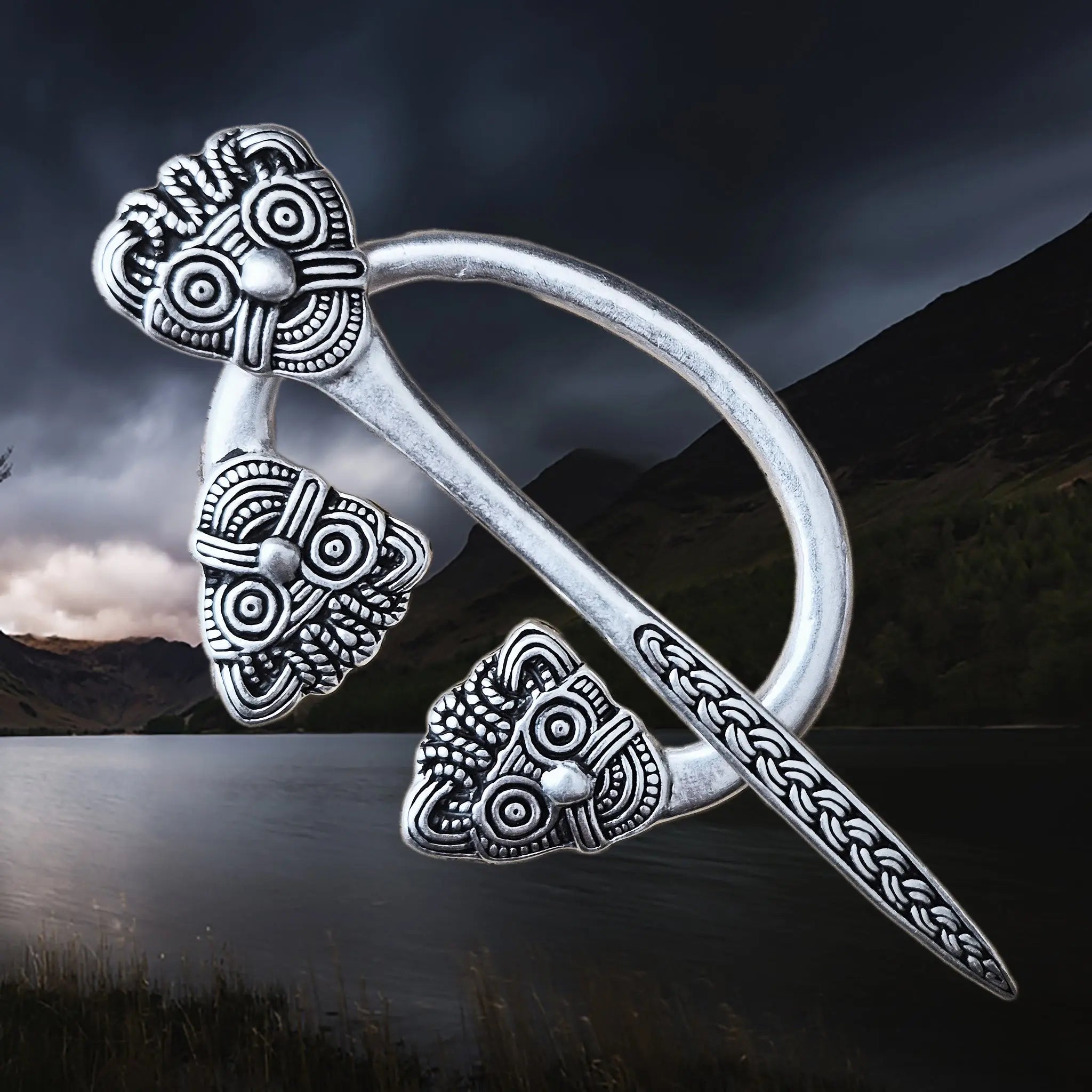 Viking Age Replica - Silver Plated Danish Cloak Pin with Viking Heads The Viking Dragon