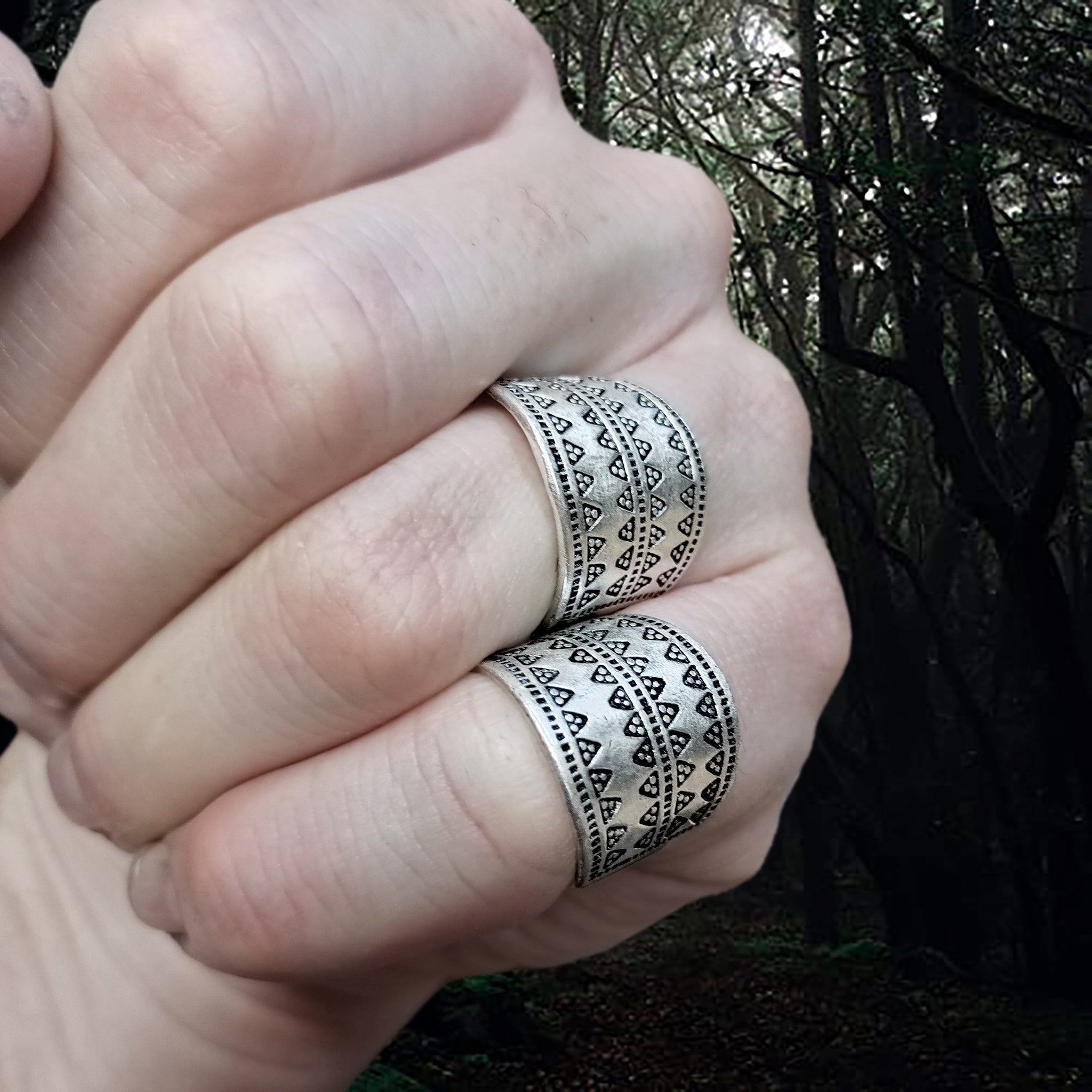 Embossed Silver Replica Viking Ring on Fingers