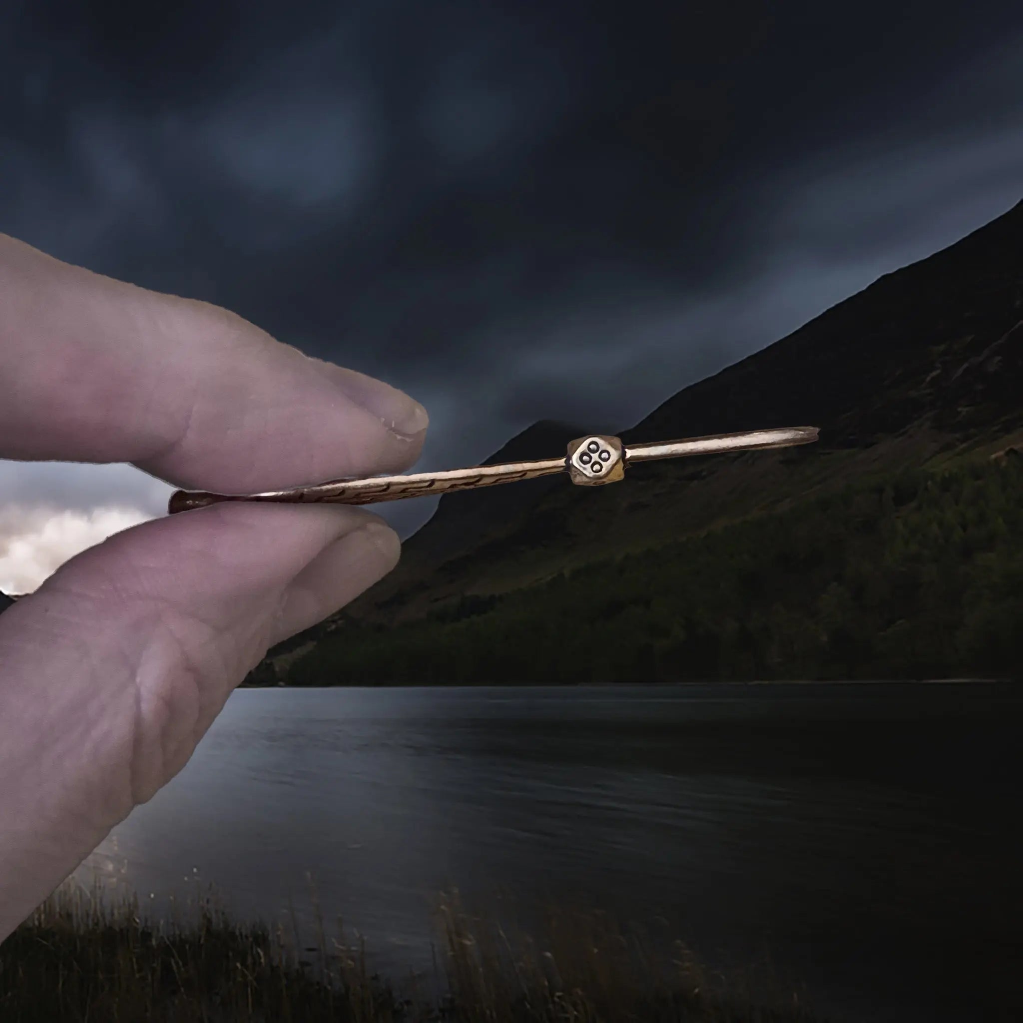 Viking Age Grave Find Replica Bronze Viking Casket Key Pendant in Fingers - Side View