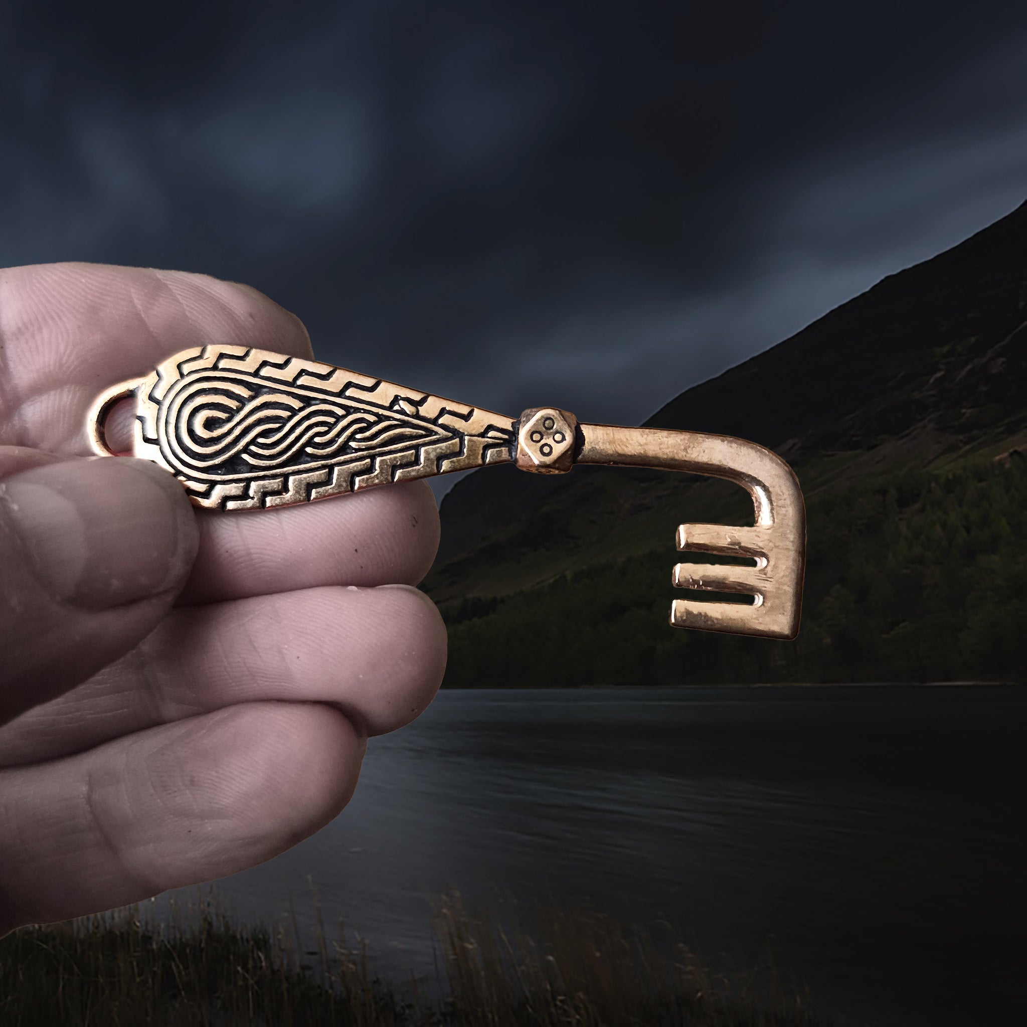 Viking Age Grave Find Replica Bronze Viking Casket Key Pendant in Fingers - Sideways