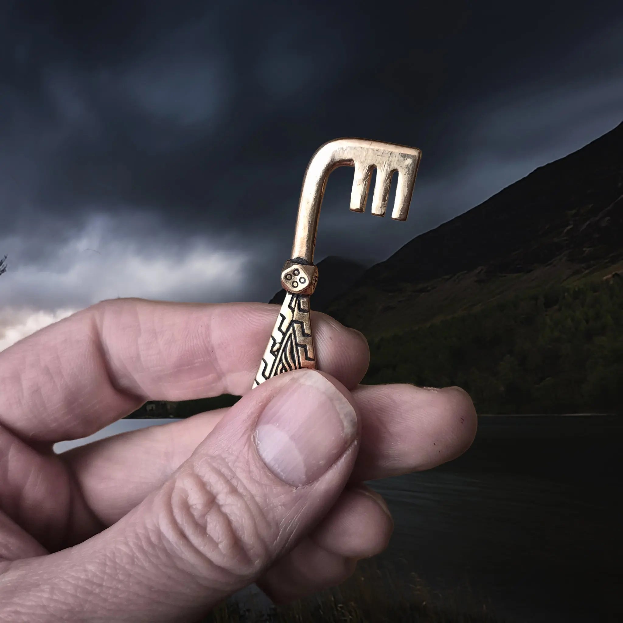 Viking Age Grave Find Replica Bronze Viking Casket Key Pendant in Fingers - Upright