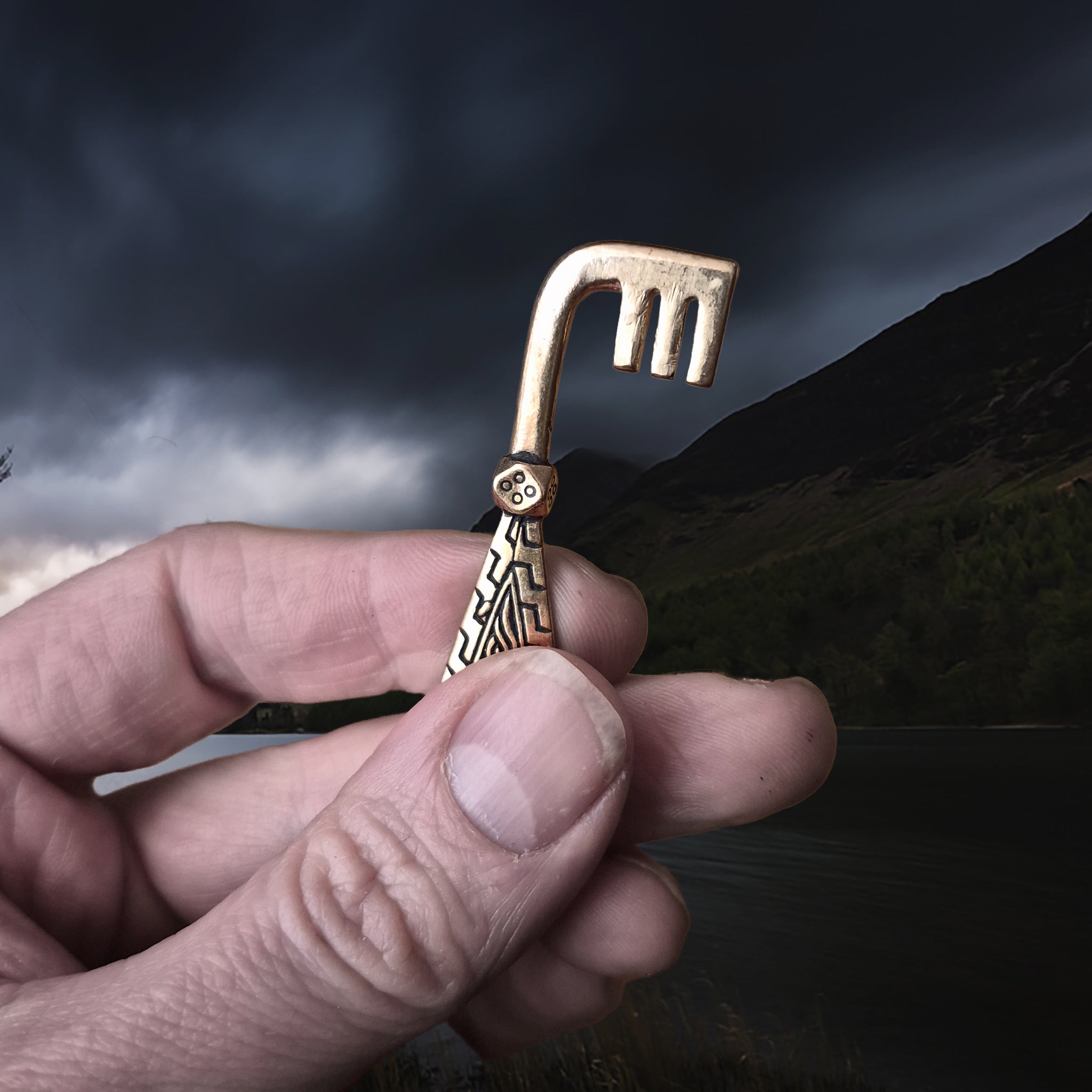 Viking Age Grave Find Replica Bronze Viking Casket Key Pendant in Fingers - Upright