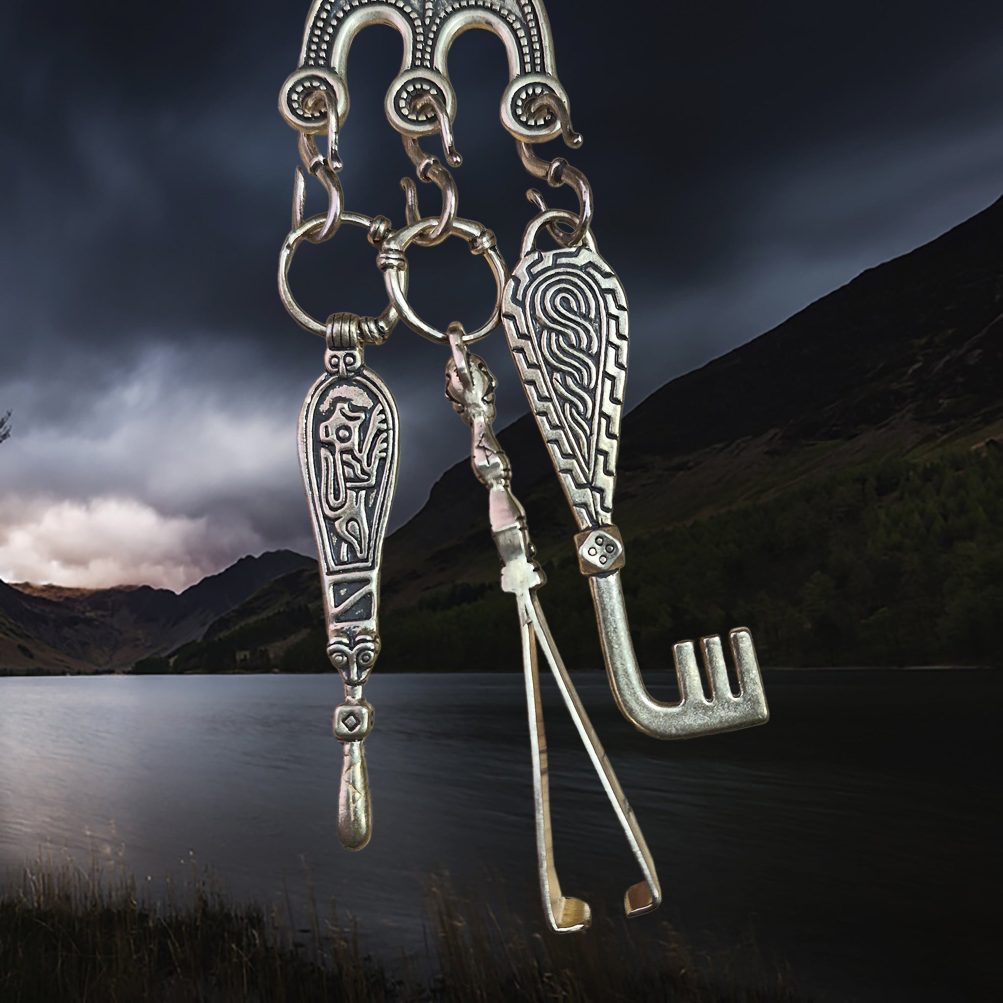 Viking Age Grave Find Replica Bronze Pendants Hanging from Bronze Dvider with S-Hook Clasp - Ear Spoon, Tweezers & Casket Key